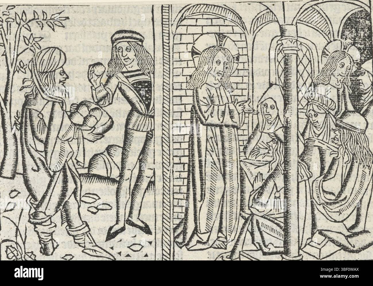 Les pays-Bas, Maître de la Vierge inter Virgines, les pays-Bas, Maître de la Delbecq-Schreiber-Passie, Maître de Delft, les Pharisiens veulent lapider le Christ, trois scènes. Gauche : deux Juifs ramassent des pierres. Droite : Christ parle dans le temple contre le groupe de personnes et Christ parle avec une seule personne., impression, illustration de livre, estampes, hauteur 98 mm, largeur 140 mm, Nord-néerlandais, inconnu, 1480 - 1500, quatrième quart 15ème siècle, premier quart 16ème siècle, papier, gravure sur bois, Sud-néerlandais, inconnu Banque D'Images