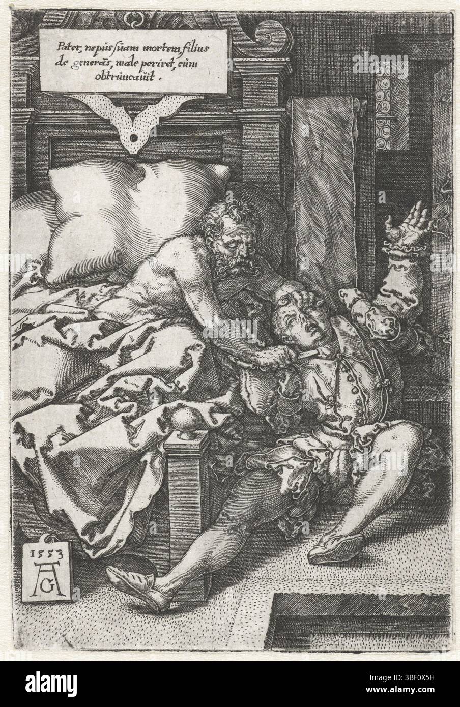Aldegver, Heinrich, Allemagne, Aldegver, Vader tue son fils, Herkinbald tue son cousin, Herkinbald (Archimbald) allongé dans son lit, poignarde son cousin dans le cou avec un couteau. Il était l'un des ancêtres des tombeaux de Bourbon. Au-dessus du lit un cartouche avec un texte de trois lignes en latin., impression, hauteur 113 mm, largeur 78 mm, allemand, 1502 - 1561, graveur, 1553 - 1553, troisième quart 16ème siècle, papier, gravure, gravure (procédé d'impression), concept de travail, selon sa propre conception Banque D'Images