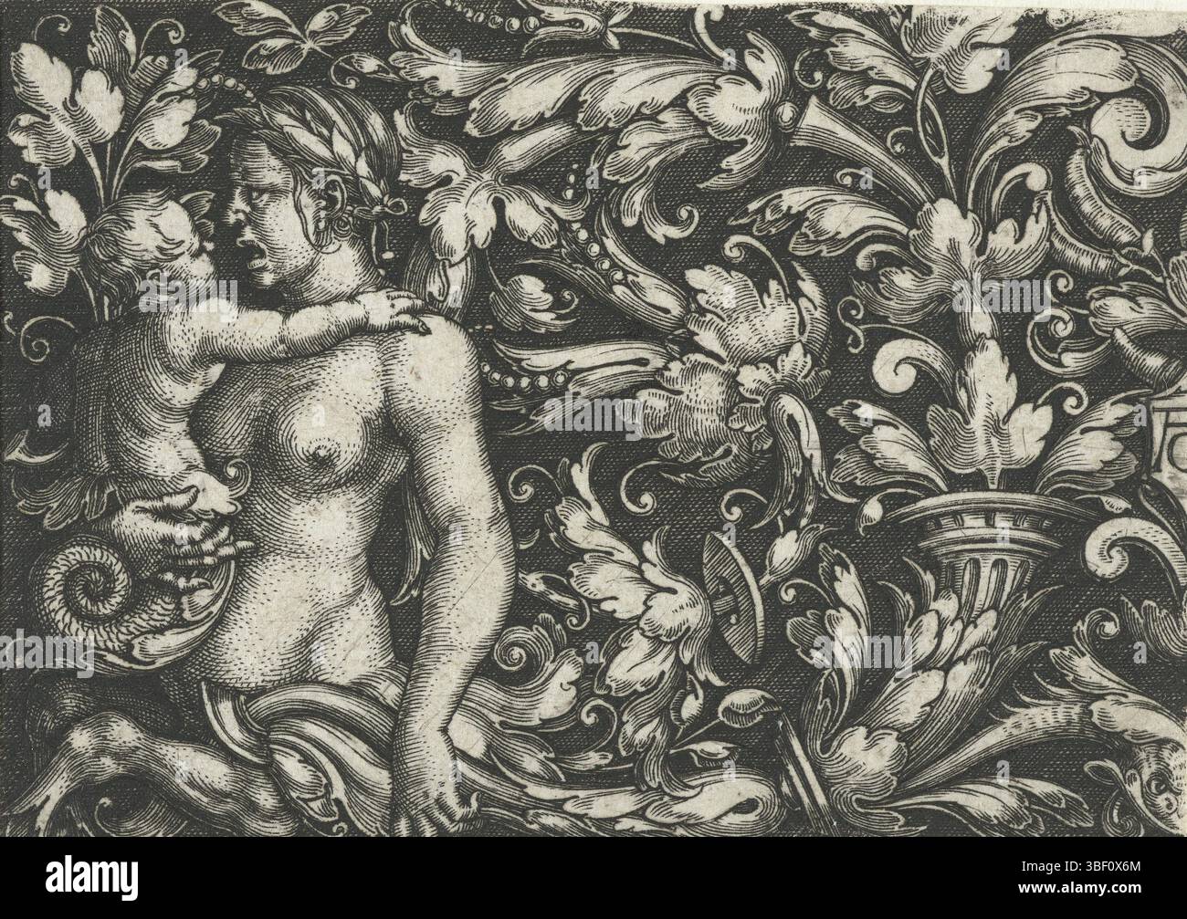 Aldegver, Heinrich, Allemagne, Aldegver, ornement avec des branches de feuilles et un triton femelle avec enfant, verso milieu sous - manuscrit, décoration plate avec des branches de feuilles, à gauche tenant un triton femelle un enfant avec queue de poisson sur le bras., impression, impression d'ornement, impressions, 21, hauteur 56 mm, largeur 79 mm, allemand, 1502 - 1561, imprimeur, 1512 - 1560, premier quart 16ème siècle, deuxième quart 16ème siècle, troisième quart 16ème siècle, papier, gravure, procédé d'impression), conception d'œuvres, selon la conception propre de Banque D'Images