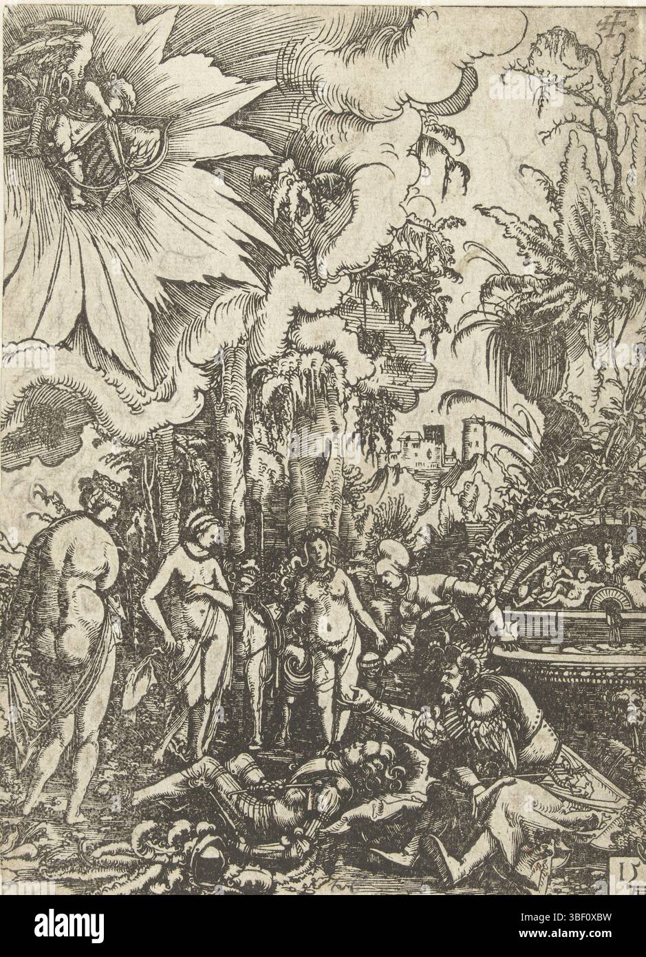 Allemagne, Altdorfer, Albrecht, le jugement de Paris, le rêve de Paris, Allemagne, verso gauche bas - estampillé, Paris habillé comme un chevalier dans un harnais, dormant sur le sol à une fontaine. Avec lui se trouve Mercure qui s'adresse à lui dans son rêve. Autour d'eux se trouvent les déesses Junon, Minerve et Vénus. Une femme à la fontaine tient la boule d'or., impression, 20,2 -6, verso milieu sous - manuscrit, hauteur 196 mm, largeur 142 mm, 1480 - 1538, graveur, 1511 - 1511, premier quart du xvie siècle, papier, gravure sur bois Banque D'Images