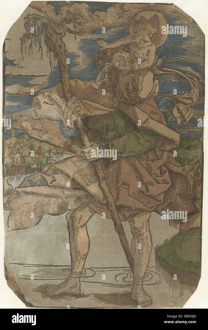 Baldung Grien, Hans, Christoffel porte le Christchild sur la rivière, Christoffel ou Christofor porte le Christchild sur ses épaules sur la rivière. Il tient un bâton dans sa main, fait d'un palmier déraciné, et se tient debout dans l'eau jusqu'aux chevilles. Sur la rive droite se trouve l'ermite avec une lanterne., impression, hauteur 368 mm, largeur 240 mm, conception du travail, allemand, 1484 - 1545-09, à imprimer, 1511 - 1595, XVIe siècle, papier, gravure sur bois, couleurs à la main, imprimeur, imprimeur Banque D'Images
