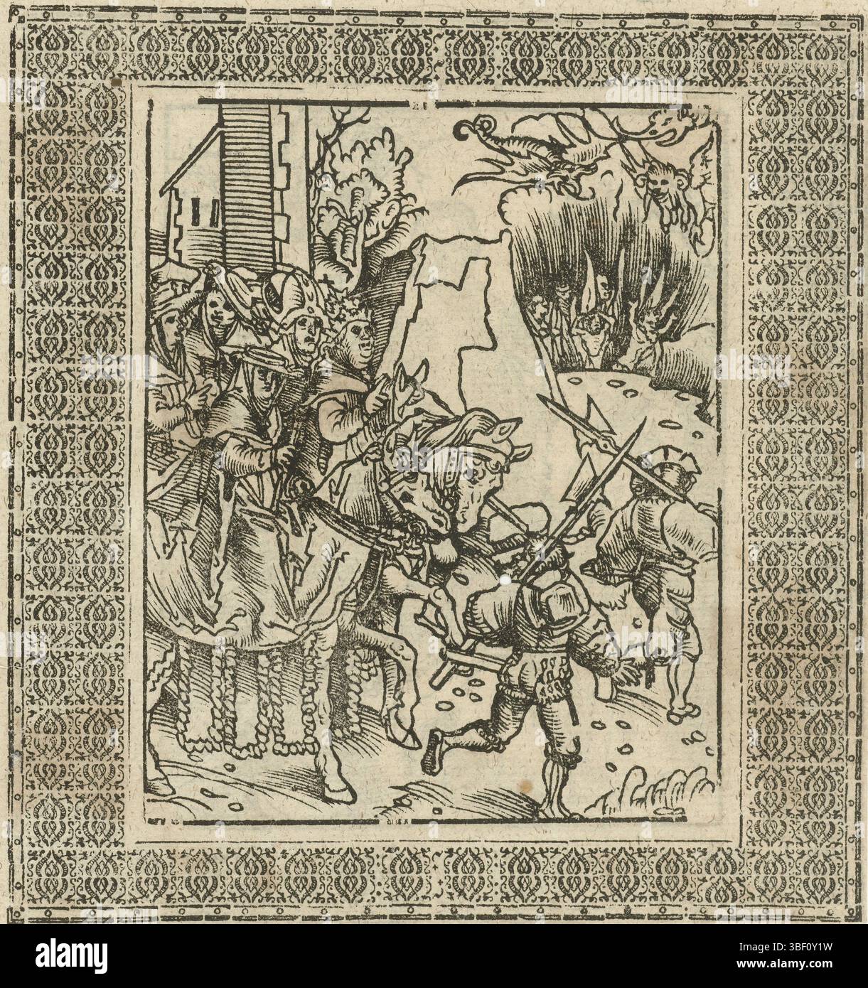 Wittenberg, Cranach, Lucas (I), Pope et son disciple à cheval, le Pape quitte une ville à cheval, il monte d'abord dans une procession cérémonielle avec son résultat du clergé comprenant un évêque et des cardinaux. Deux soldats mènent. Dans le fond à droite est l'enfer affiché avec les âmes damnées dans les flammes et au-dessus de lui trois démons volent. Illustration de livre dans un cadre rectangulaire avec de beaux ornements. L'impression est imprimée avec plusieurs journaux. En haut de la page est le demi-titre de l'édition : und Antichristi, en bas est le mot Antichristus., impression, illustration de livre, estampes, hauteur 11 Banque D'Images