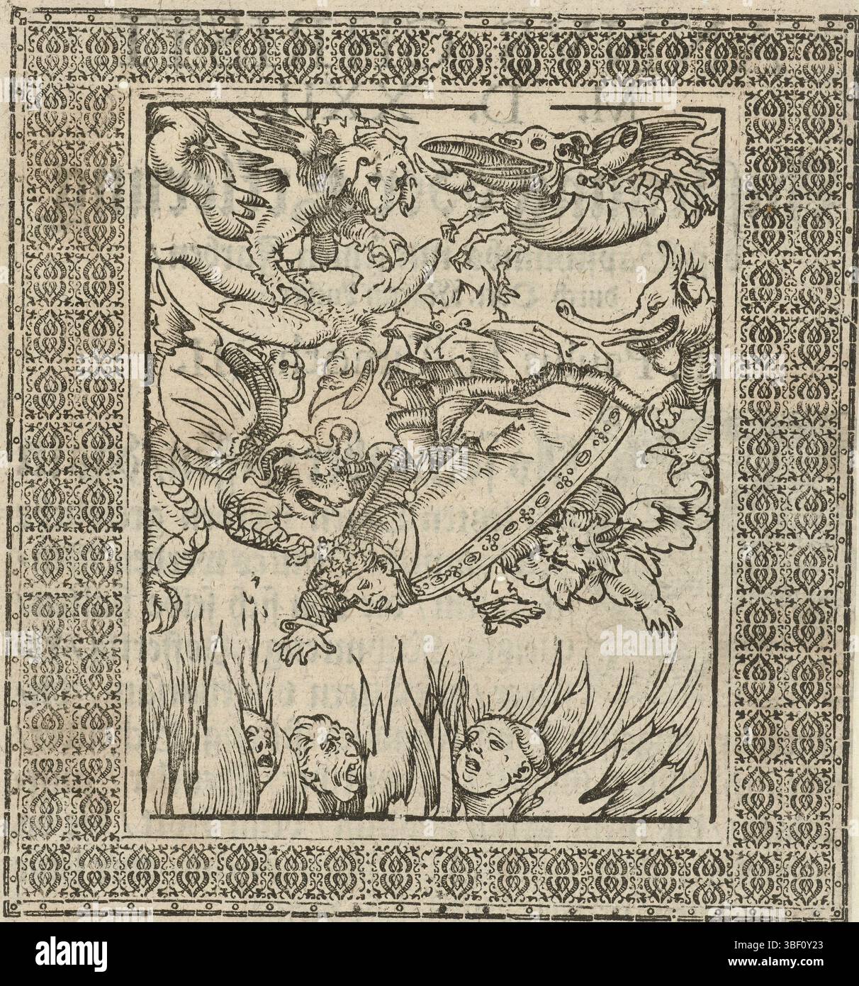 Wittenberg, Cranach, Lucas (I), chute du pape en enfer, le pape est conduit par des démons aux flammes en enfer. Entre les flammes se trouvent déjà le clergé. Illustration de livre dans un cadre rectangulaire avec de beaux ornements. L'impression est imprimée avec plusieurs journaux., impression, illustration de livre, impressions, hauteur 118 mm, largeur 96 mm, hauteur 188 mm, largeur 147 mm, allemand, 1472 - 1553-10-16, graveur, 1521 - 1522, premier quart du xvie siècle, papier, gravure sur bois Banque D'Images