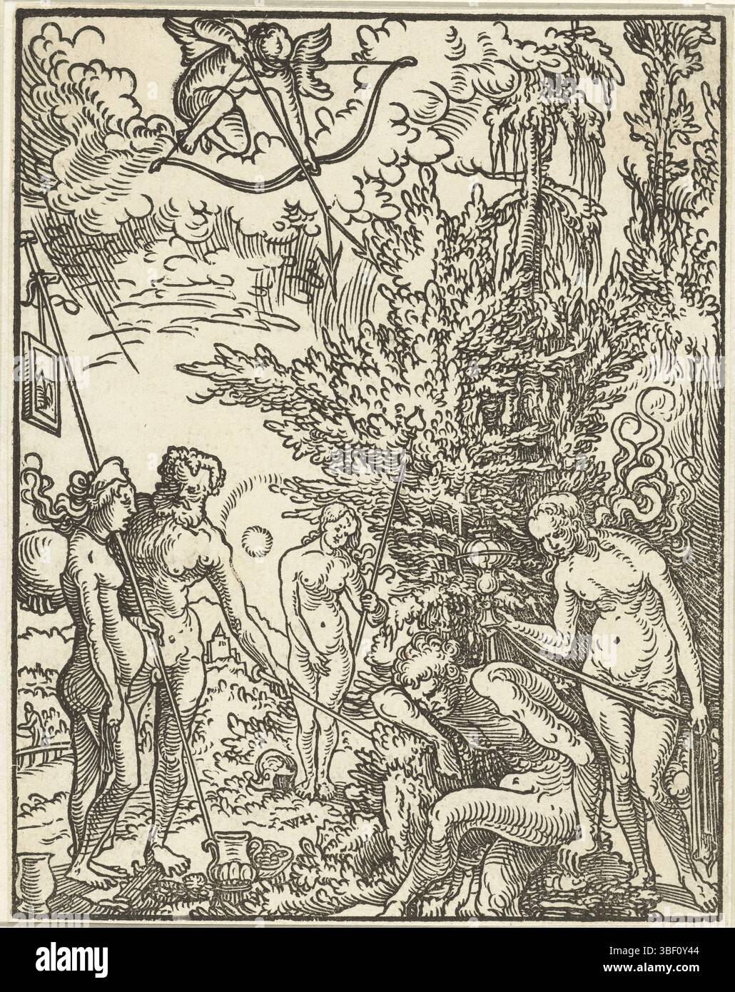 Huber, Wolfgang, rêve de Paris, verso en bas à gauche - estampillé, Paris s'assoit et rêve tandis que Mercure lui apporte les trois déesses Minerve, Vénus et Junon pour lui donner un jugement sur qui est la plus belle femme., impression, hauteur 118 mm, largeur 92 mm, 1490 - 1553, graveur, 1500 - 1553, premier quart du xvie siècle, deuxième quart du xvie siècle, troisième quart du xvie siècle, papier, gravure sur bois Banque D'Images