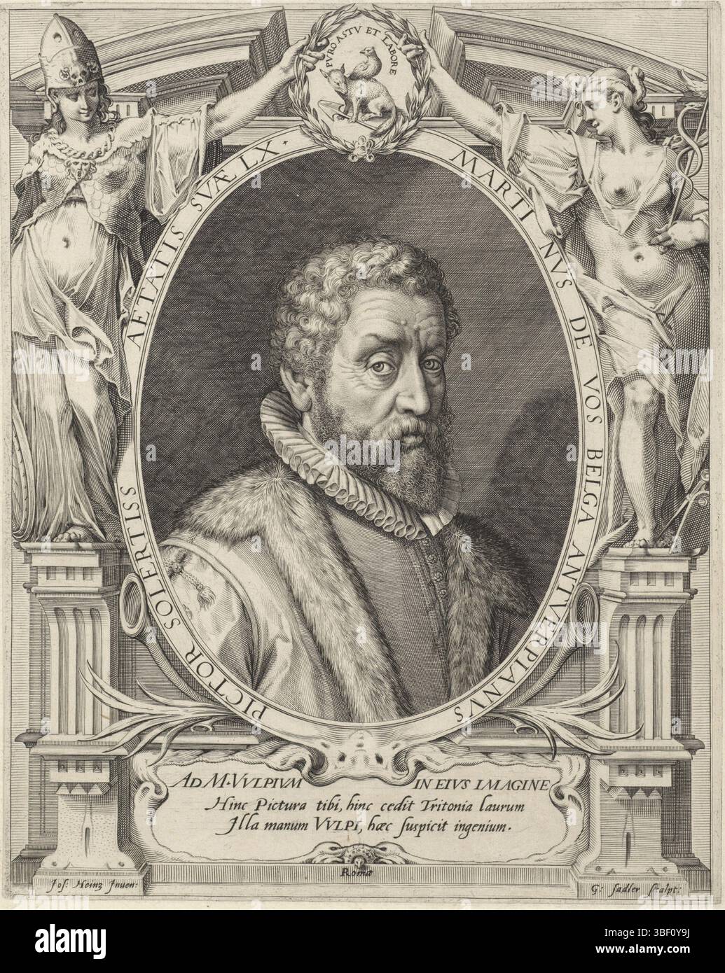 Heintz, Joseph (I), vos, Maerten de, Rome, Sadeler, Aegidius, Portrait de Maerten de vos à l'âge de 60 ans, verso - estampillé, Portrait du peintre et artiste anversois Maerten de vos, à l'âge de 60 ans. Deux figures féminines allégoriques (Retorica (R.) et Minerva (L.)) gardent une couronne de laurier au-dessus du portrait. Dans la couronne de laurier un emblème d'un oiseau assis sur un renard., impression, hauteur 288 mm, largeur 231 mm, sud-néerlandais, 1570 - 1629, graveur, 1592 - 1592, papier, gravure, gravure (procédé d'impression), 1532 - 1603-12-04, après, par peinture, concept de travail, 1564-06-15 - 1609-10-15 Banque D'Images