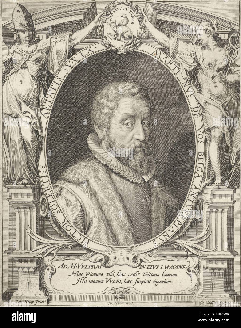 Anvers, Collaert, Karel, Heintz, Joseph (I), vos, Maerten de, Rome, Sadeler, Aegidius, portrait de Maerten de vos à l'âge de 60 ans, Anvers, verso sous - estampillé, Portrait du peintre et artiste anversois Maerten de vos, à l'âge de 60 ans. Deux figures féminines allégoriques (Retorica (R.) et Minerva (L.)) gardent une couronne de laurier au-dessus du portrait. Dans la couronne de laurier un emblème d'un oiseau assis sur un renard., impression, hauteur 290 mm, largeur 231 mm, Zuid-Nederlands, 1570 - 1629, graveur, 1592 - 1592, papier, gravure, gravure (procédé d'impression), 1532 - 1603-12-04, après, par peinture de, concepti de travail Banque D'Images