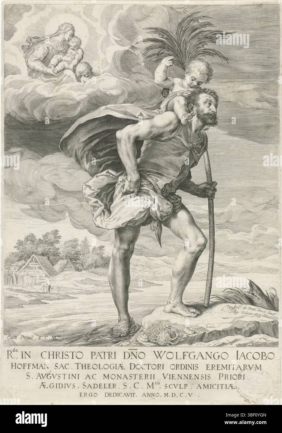 Rodolphe II de Habsbourg (empereur allemand), Bassano, Jacopo, Prague, Sadeler, Aevidius, Saint Christophe, verset inférieur gauche - estampillé, Saint Christophe porte l'enfant Christ sur ses épaules au-dessus d'une rivière. Dans sa main gauche un palmier. En haut à gauche dans les nuages Maria met Kind en Johannes de Baptist., impression, hauteur 292 mm, largeur 205 mm, Zuid-Nederlands, 1570 - 1629, graveur, 1605 - 1605, papier, gravure, gravure (procédé d'impression), conception de travail, italien, 1515 - 1592-02-14, après conception de, 1552-07-18 - 1612-01-20, fournisseur de privilège Banque D'Images