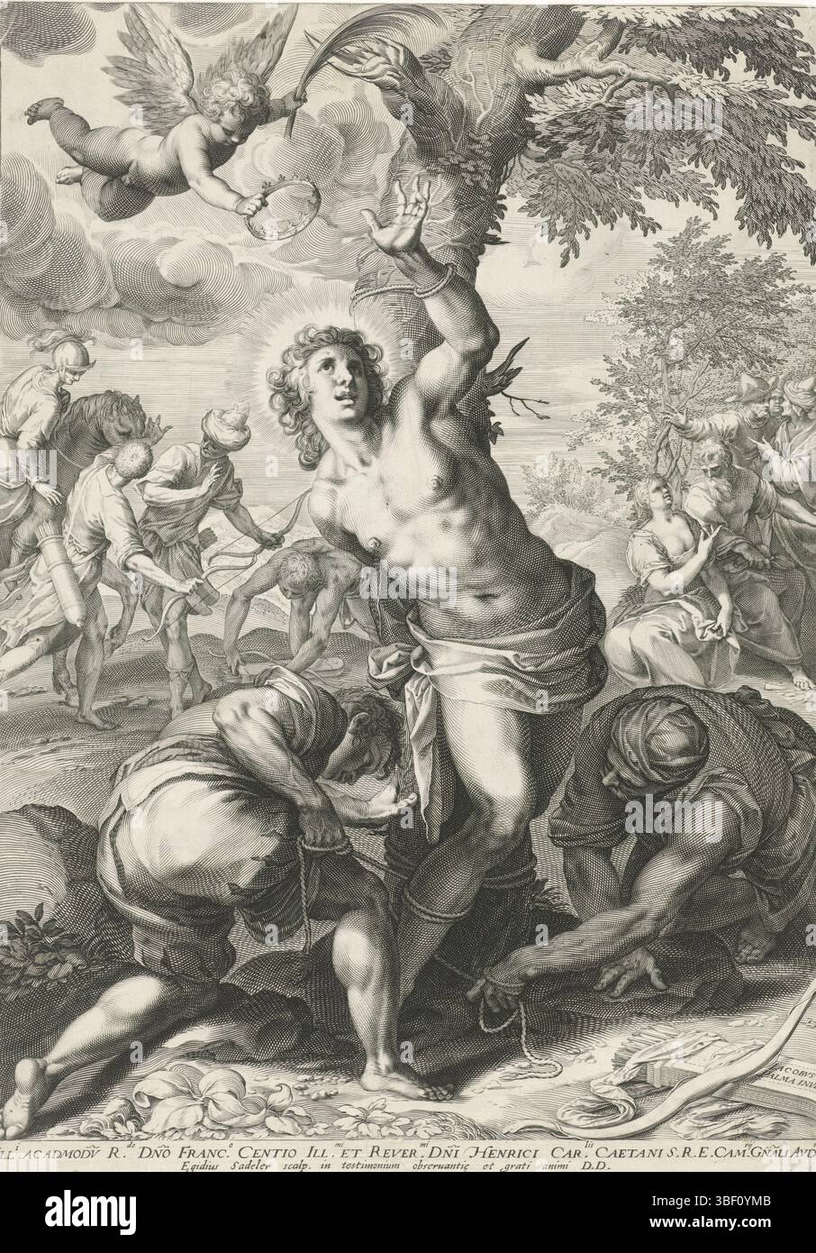 Palma, Jacopo, inconnu, Sadeler, Aegidius, Saint Sebastiaan attaché à un arbre, verso à gauche ci-dessous - estampillé, le Saint Sebastiaan est attaché à un arbre par des soldats. En arrière-plan, les archers se préparent à lui tirer dessus. Un putto dans l'air avec une branche de palmier et une couronne. L'impression a une légende latine., impression, hauteur 440 mm, largeur 308 mm, Zuid-Nederlands, 1570 - 1629, graveur, 1580 - 1629, papier, gravure, gravure (processus d'impression), concept de travail Banque D'Images