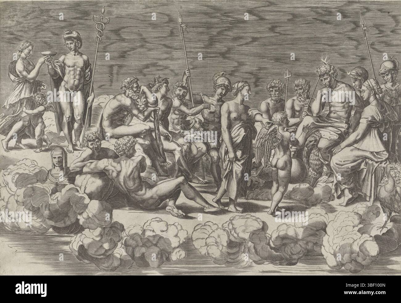 Italie, Valegn, Nicolaus, Italie, Raphael, Rome, Penni, Giovanni Francesco, Caraglio, Giovanni Jacopo, collection des dieux sur l'Olympe, verso - estampillé, Un groupe de dieux et de déesses sur l'Olympe, parmi eux Jupiter, Minerve, Junon, Bacchus et Mercure., impression, 377 mm, largeur 524 mm, italien, 1505 - 1565, imprimeur, 1515 - 1565, papier, gravure, procédé d'impression), conception de travail, impression à partir de, 1488 - 1528, à la peinture, Workion, 1483-04-07 - 1520-07, conception de E. Banque D'Images