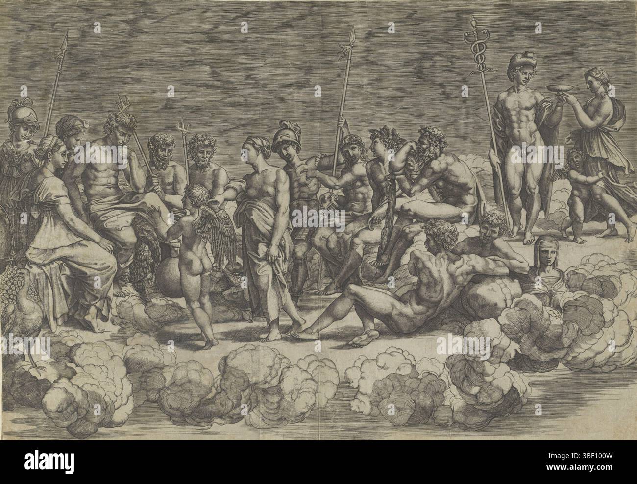 Italie, Raphael, Rome, Penni, Giovanni Francesco, Italie, Caraglio, Giovanni Jacopo, Collection des dieux sur l'Olympe, verso - estampillé, Un groupe de dieux et de déesses sur l'Olympe, y compris Jupiter, Minerve, Junon, Bacchus et Mercure., impression, hauteur 375 mm, largeur 545 mm, italien, 1505 - 1565, graveur, 1515 - 1565, papier, gravure, gravure (procédé d'impression), 1488 - 1528, par peinture, concept de travail, 1483-04-07 - 1520-04-07 Banque D'Images