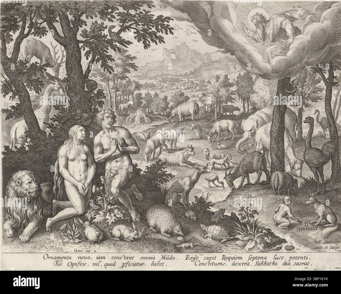 Munich, Sadeler, Johann (I), Anvers, vos, Maerten de, Munich, création du monde, Dieu le Père bénit Adam, Ève et les animaux, recto en bas à droite - écrit, Dieu le Père dans les nuages. Il bénit Adam, Ève et les animaux du Paradis de la Terre. L'impression a une légende latine., imprimer, liens verso - estampillé, 19, hauteur 197 mm, largeur 248 mm, Zuid-Nederlands, 1550 - 1600-08, graveur, 1588 - 16000, papier, gravure, gravure (processus d'impression), conception de travail, 1532 - 1603-12-04, après conception par, écrivain, publication (événement), publication, éditeur Banque D'Images