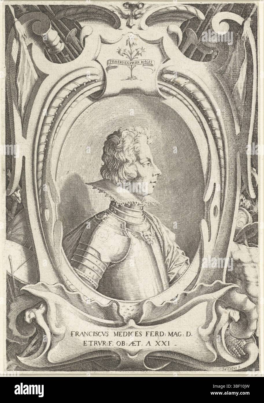 Florence, Callot, Jacques, Portrait de Francesco II de Médicis, à gauche - estampillé, Portrait à mi-chemin de Francesco II de Médicis, en armure, vu à droite. Autour du portrait ovale une bordure ornementale avec inscription (devies) et légende ; dans le fond armement., impression, hauteur 212 mm, largeur 147 mm, français, 1592-08-21 - 1635-03-24, graveur, 1614-1614, premier quart 17e siècle, papier, gravure, gravure (procédé d'impression) Banque D'Images