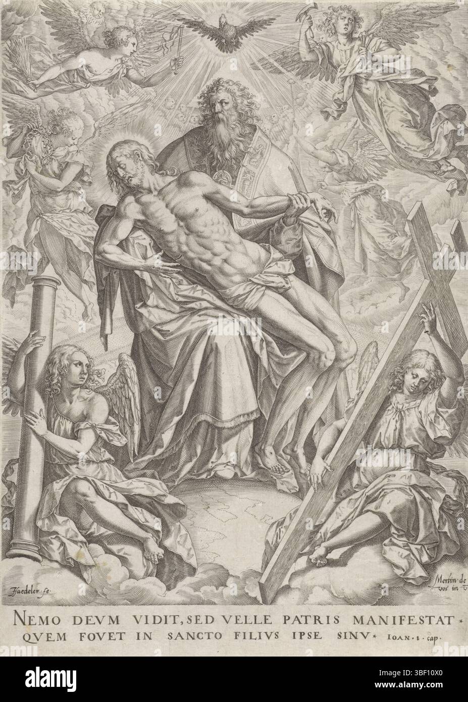 Fox, Maerten de, Sadeler, Johann (I), la Sainte Trinité, verso Under - estampillé, Dieu le Père avec le corps de Christ sur ses genoux. Dieu se tient sur un globe dans les nuages. Au-dessus de sa tête le Saint-esprit comme un pigeon. Entouré d'anges avec les outils de la passion., impression, hauteur 268 mm, largeur 192 mm, Zuid-Nederlands, 1550 - 1600-08, graveur, 1560 - 1600, papier, gravure, gravure (procédé d'impression), conception d'oeuvre, 1532 - 1603-12-04 Banque D'Images Fox, Maerten de, Sadeler, Johann (I), la Sainte Trinité, verso Under - estampillé, Dieu le Père avec le corps de Christ sur ses genoux. Dieu se tient sur un globe dans les nuages. Au-dessus de sa tête le Saint-esprit comme un pigeon. Entouré d'anges avec les outils de la passion., impression, hauteur 268 mm, largeur 192 mm, Zuid-Nederlands, 1550 - 1600-08, graveur, 1560 - 1600, papier, gravure, gravure (procédé d'impression), conception d'oeuvre, 1532 - 1603-12-04 Banque D'Images