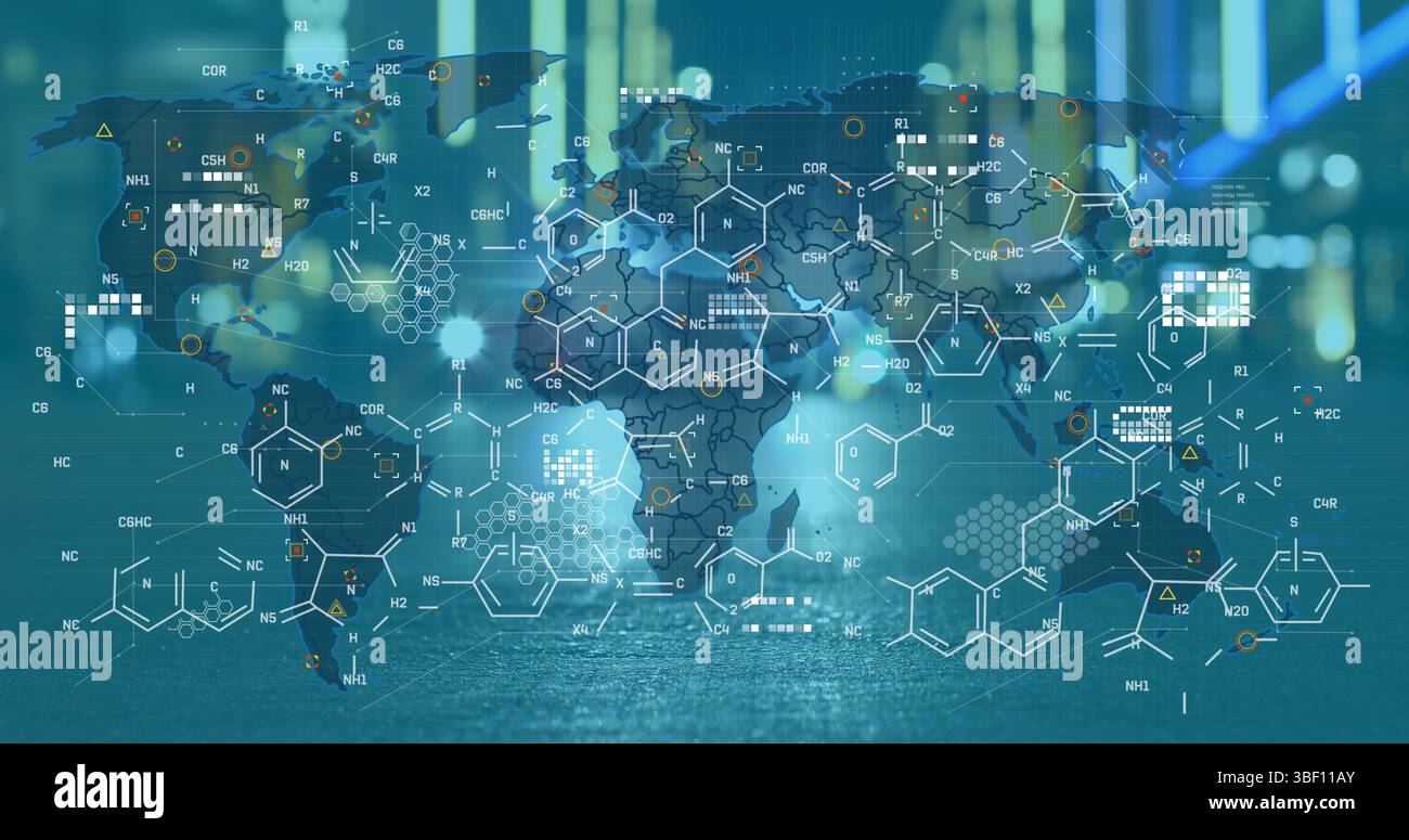 Image de graphiques et de formules chimiques sur la carte du monde et le paysage urbain de nuit Banque D'Images