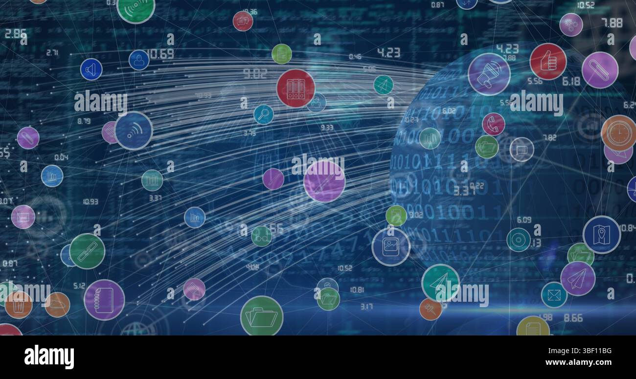 Image d'un réseau de connexions avec des icônes sur le globe Banque D'Images