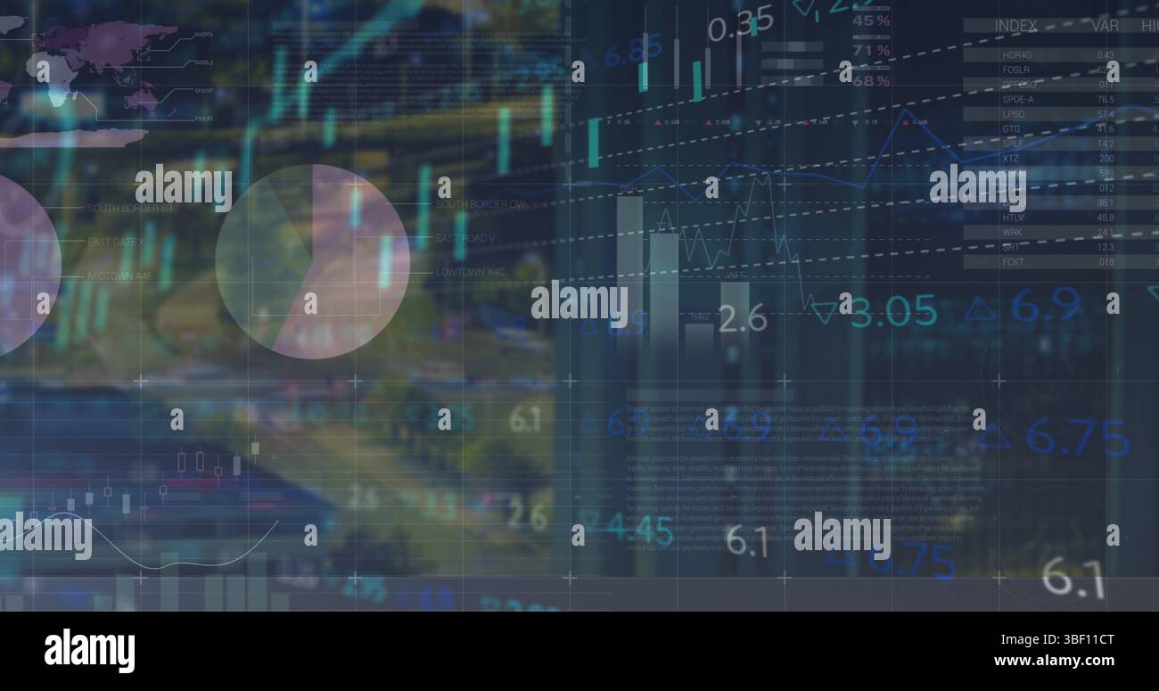 Image de graphiques et de données financières sur des immeubles de bureaux Banque D'Images