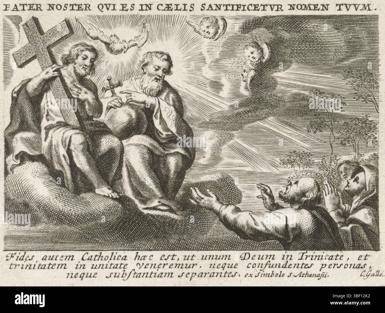 Anvers, Galle, Cornelis (III), Anvers, Cornelis (II), Trinité sur un nuage, verso - estampillé, Christ avec une croix et Dieu le Père avec un globe assis sur un nuage. Entre eux dans le Saint-esprit sous la forme d'une colombe. Sur la terre sont les gens qui adorent la trinité., impression, hauteur 68 mm, largeur 92 mm, sud-néerlandais, 1615 - 1678-10-18, graveur, 1638 - 1678, papier, gravure, gravure (processus d'impression), 1642 - 1679, graveur Banque D'Images Anvers, Galle, Cornelis (III), Anvers, Cornelis (II), Trinité sur un nuage, verso - estampillé, Christ avec une croix et Dieu le Père avec un globe assis sur un nuage. Entre eux dans le Saint-esprit sous la forme d'une colombe. Sur la terre sont les gens qui adorent la trinité., impression, hauteur 68 mm, largeur 92 mm, sud-néerlandais, 1615 - 1678-10-18, graveur, 1638 - 1678, papier, gravure, gravure (processus d'impression), 1642 - 1679, graveur Banque D'Images