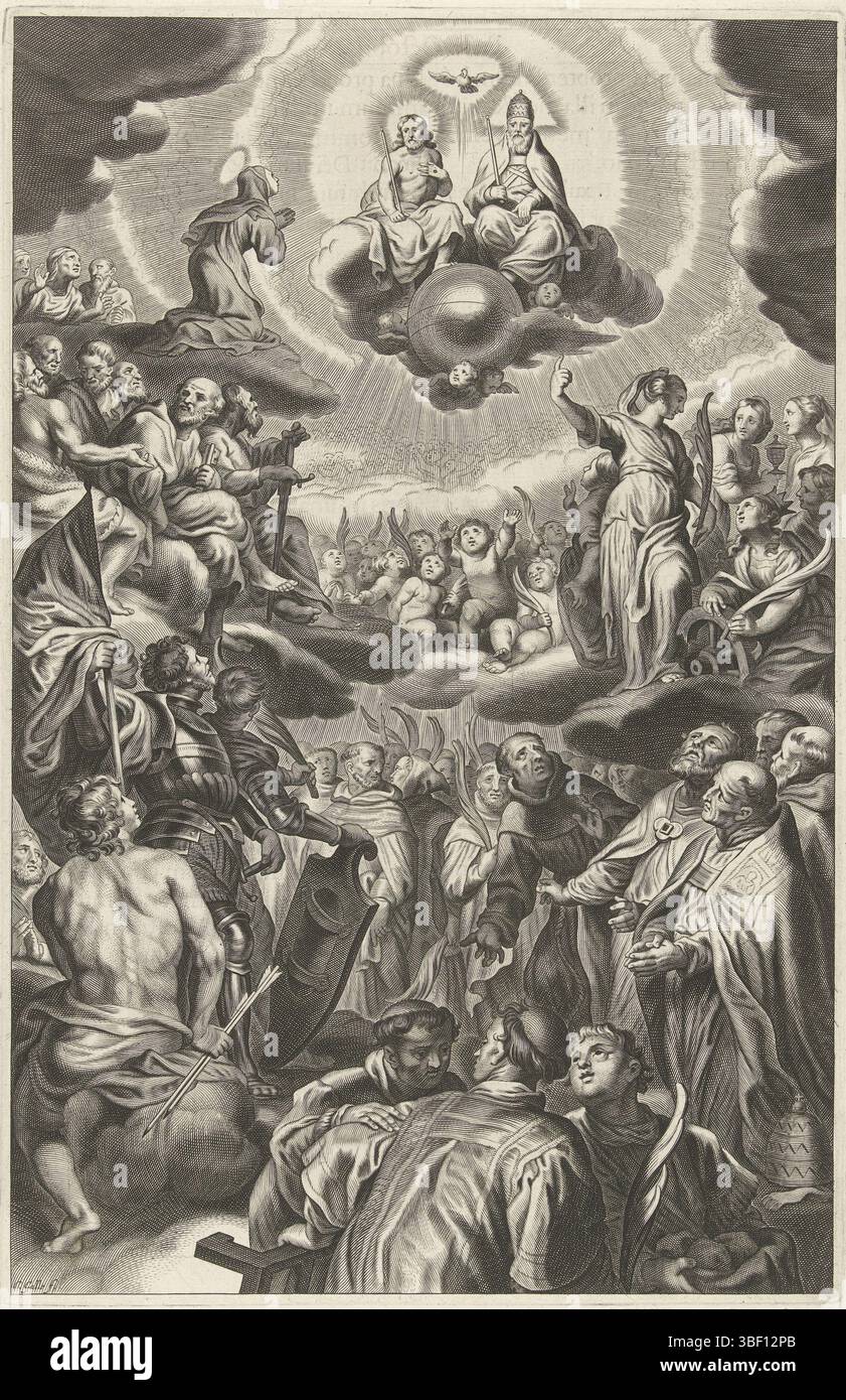Diepenbeeck, Abraham van, Anvers, Galle, Cornelis (II), Trinité, verso - estampillé, Dieu le Père et Christ sont assis sur un nuage, le Saint-esprit, sous la forme d'un pigeon, flotte entre eux. La Trinité est entourée par le chœur des anges et des saints et martyrs., impression, illustration de livre, estampes, hauteur 301 mm, largeur 198 mm, Néerlandais du Sud, 1615 - 1678-10-18, graveur, 1650 - 1653, papier, gravure, gravure (procédé d'impression), concept de travail, 1596-05-09 - 1675 Banque D'Images Diepenbeeck, Abraham van, Anvers, Galle, Cornelis (II), Trinité, verso - estampillé, Dieu le Père et Christ sont assis sur un nuage, le Saint-esprit, sous la forme d'un pigeon, flotte entre eux. La Trinité est entourée par le chœur des anges et des saints et martyrs., impression, illustration de livre, estampes, hauteur 301 mm, largeur 198 mm, Néerlandais du Sud, 1615 - 1678-10-18, graveur, 1650 - 1653, papier, gravure, gravure (procédé d'impression), concept de travail, 1596-05-09 - 1675 Banque D'Images