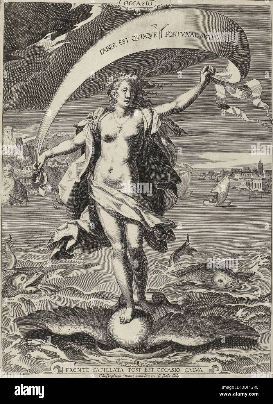 Vienne, Hoefnagel, Joris, Munich, Schwarz, Christoph, Sadeler, Aegidius, Occasio, Vienne, verso Middle Bottom - estampillé, la personnification Occasio est sur une sphère ailée reposant sur une coquille dans un port. Avec la voile dans ses mains, elle attrape le vent et navigue au-dessus de l'eau., print, hauteur 398 mm, largeur 295 mm, Zuid-Nederlands, 1570 - 1629, graveur, 1580 - 1600, papier, gravure, gravure (procédé d'impression), allemand, 1545 - 1592-04-15, après, par peinture, publication (événement), publication, 1542 - 1600-09-09, éditeur Banque D'Images