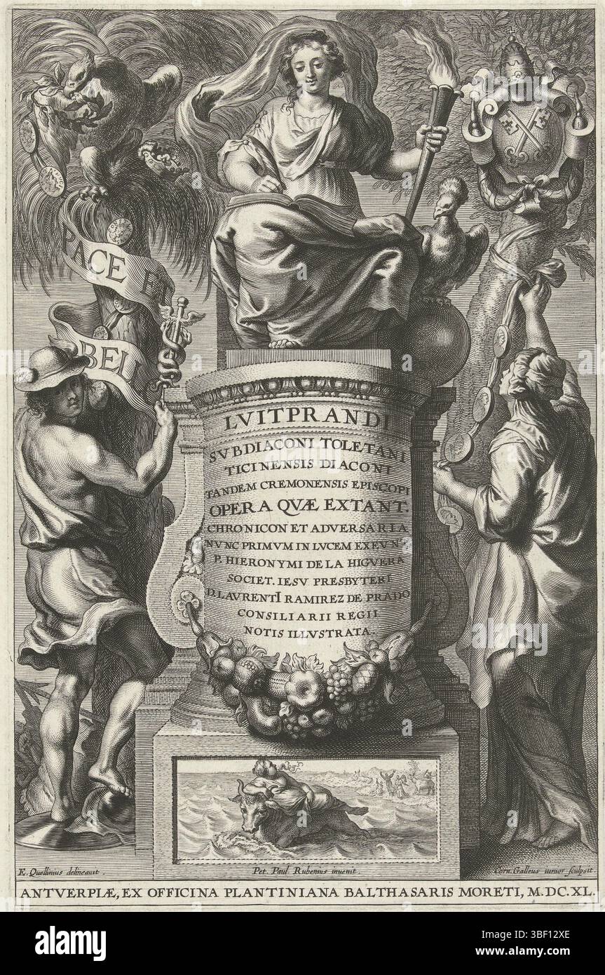 Anvers, Moretus, Balthasar (I), Anvers, Plantiniana, Officina, Quellinus, Erasmus (II), Rubens, Pierre Paul, Antwerpen, Galle, Cornelis (II), page d'accueil pour : Liutprand, Opera, 1640, histoire assise sur un trône, verso - estampillé, la personnification féminine de l'histoire est assise sur un trône de pierre et écrit avec une plume dans un livre. Des deux côtés du trône se trouvent Mercure et une femme suspendue des guirlandes avec des médailles sur un palmier et un arbre à feuilles caduques. Sur le piédestal du trône une référence au vol de l'Europe., impression, page de titre, impressions, hauteur 273 mm, largeur 180 mm, Hollande du Sud, 1615 - 1678-10-18, imprimeur Banque D'Images