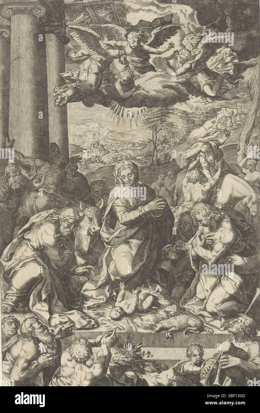 Pino, Marco, Rome, Cort, Cornelis, culte par les bergers, verso - estampillé, Marie et Joseph sont assis au milieu agenouillés devant l'enfant couché sur un paquet de paille sur le sol. A côté de Christ repose un agneau. Un groupe de bergers s'agenouillent autour d'elle. Le berger joue de la cornemuse juste avant. Dans le ciel des anges sur un nuage. Laissé derrière les piliers d'un bâtiment antique. Arrière droit, dans un paysage roulant, la proclamation aux bergers., impression, hauteur 280 mm, largeur 185 mm, conception du travail, Noord-Nederlands, 1533 - 1578, naar print van, 1568 - 1618, premier quart du XVIIe siècle, papier, fr Banque D'Images