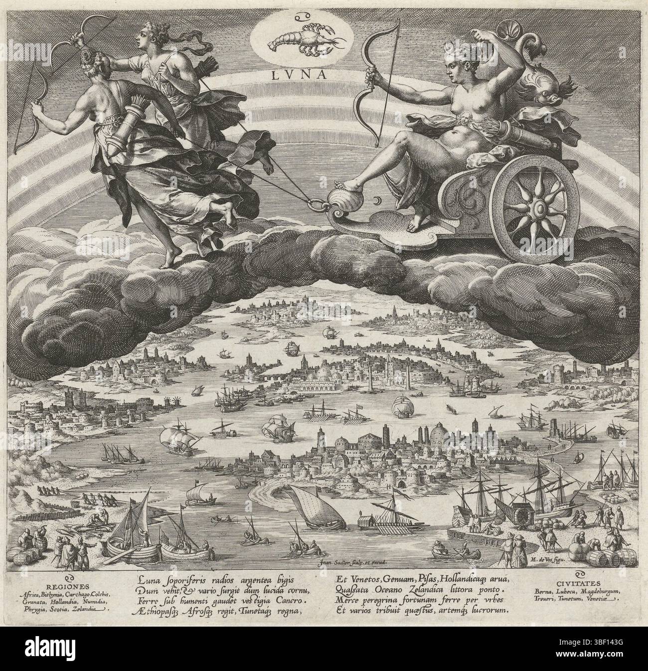 Sadeler, Johann (I), vos, Maerten de, Anvers, Sadeler, Planetarum effectus et eorum in signis zodiaci, les sept planètes, la Lune et son influence sur le monde, verso en bas à gauche - estampillé, la déesse Diana comme Luna (la lune), chevauchant sur les nuages sur son char, qui est dessiné par deux figures féminines avec flèche et arc. Milieu au-dessus de la constellation cancer. Au fond d'un paysage côtier avec les ports de Venise, Istanbul et les pays-Bas. De nombreux bateaux naviguent en mer. Les villes marchent. Dans la marge un latin loue l'influence de la lune sur les régions côtières des pays-Bas Banque D'Images