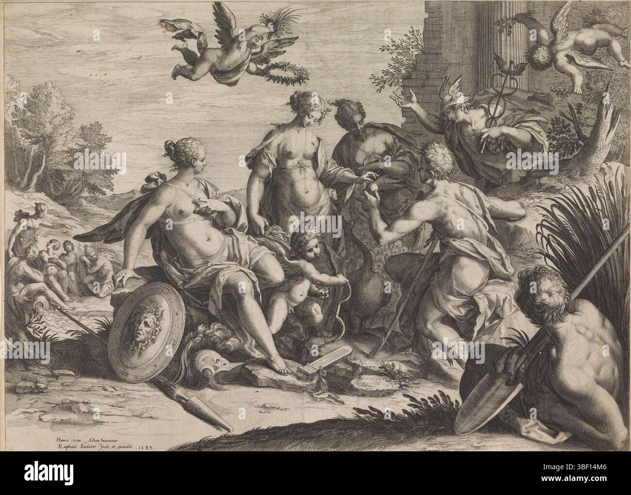 Sadeler, Raphaël (I), Aix-la-Chapelle, Hans von, Francfort, Sadeler, Cologne, jugement de Paris, verso-estampillé, le Berger Paris au premier plan. Il doit juger les trois plus belles déesses de l'Olympe par leur beauté : Junon (à droite, avec le paon), Minerve (à gauche, avec bouclier, casque et lance) et Vénus (accompagnée d'Amor). Il donne la pomme d'or à Vénus. Mercury est à côté de Paris. En arrière-plan quelques dieux de rivière. Dans l'air deux putti., impression, hauteur 275 mm, largeur 377 mm, Zuid-Nederlands, 1560, graveur, 1589 - 1589, papier, gravure, gravure (processus d'impression), conception de travaux, Banque D'Images