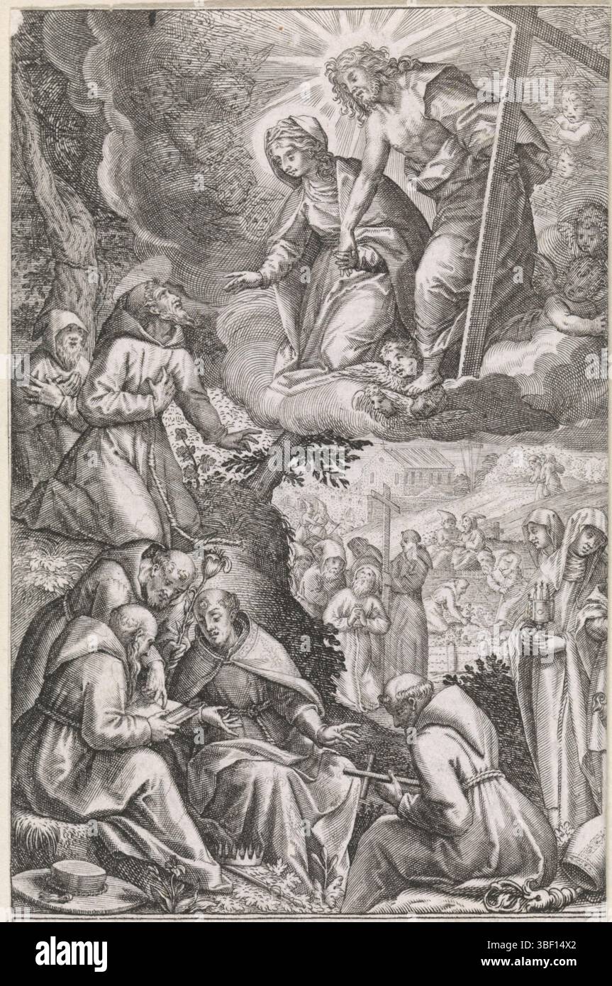 Remigius de Bozulo Cappuc., B., Kager, Johann Mathias, Sadeler, Raphaël (II), inconnu, Anvers, Galle, Theodoor, Raphaël (I), Christ et la Vierge Marie apparaissent à Saint François et son ordre, Anvers, au verso milieu - estampillé, au premier plan quelques moines franciscains. Ils lisent une Bible. Sur le sol se trouvent les symboles du pouvoir séculier et spirituel (corbeau, mitre et chapeau de cardinal). Sur une colline, Saint François s’agenouille devant l’apparition du Christ et de la Vierge Marie. Parmi l'apparition des activités de l'ordre des Franciscains., impression, hauteur 94 mm, largeur 66 mm, publication (événement), publica Banque D'Images