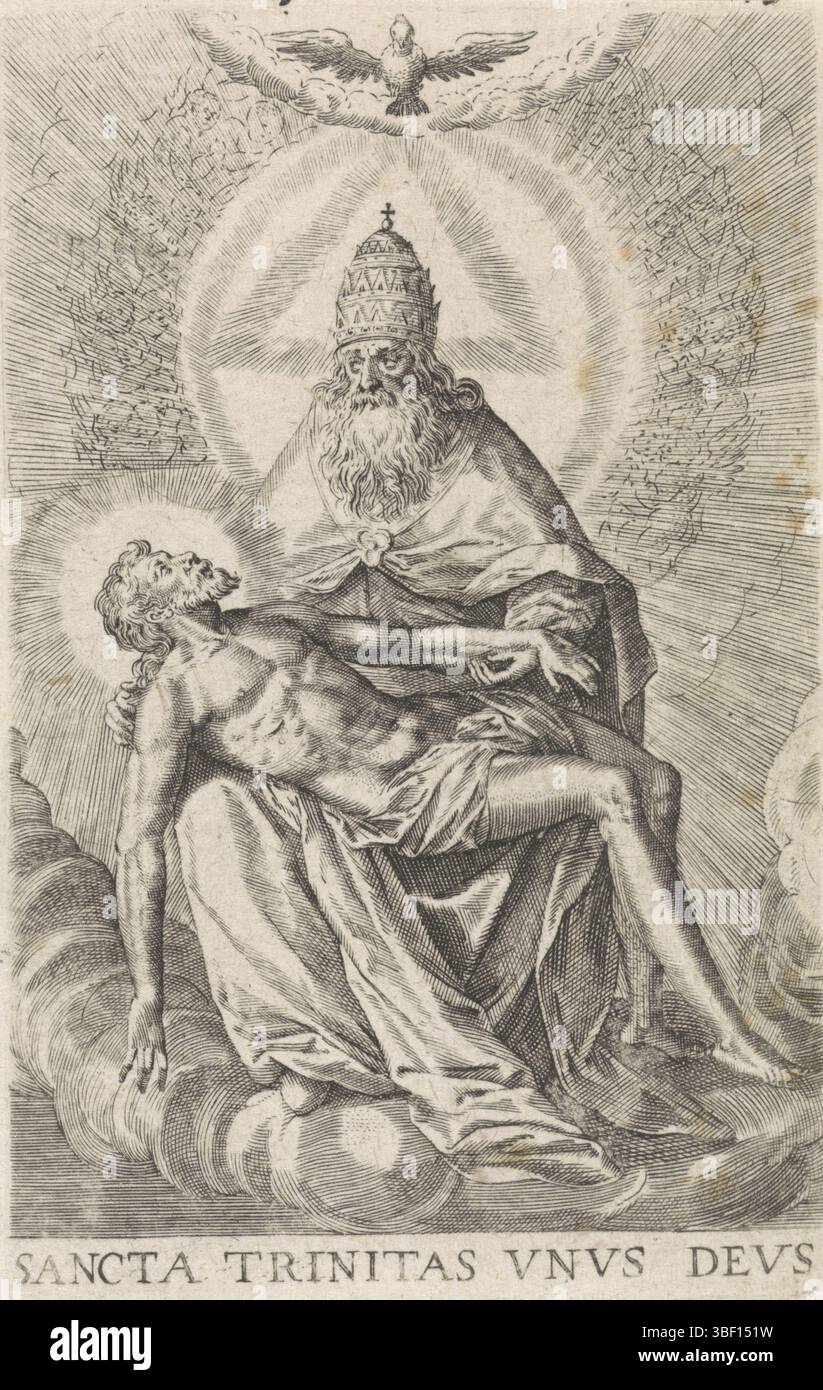 Munich, Bergia, Anna, Munich, Sadeler, Raphaël (II), Raphaël (I), Sancta trinitas vnvs Devs, Sainte Trinité, vero laissé sous - estampillé, Dieu le Père est assis dans les nuages avec le corps de Christ sur ses genoux. Au-dessus de sa tête le Saint-esprit comme pigeon., impression, illustration de livre, estampes, hauteur 90 mm, largeur 56 mm, Zuid-Nederlands, 1560, imprimeur, 1617 - 1617, papier, gravure, gravure (procédé d'impression), 1584-12-20 - 1632, publication (événement), publication, éditeur, allemand, imprimeur Banque D'Images Munich, Bergia, Anna, Munich, Sadeler, Raphaël (II), Raphaël (I), Sancta trinitas vnvs Devs, Sainte Trinité, vero laissé sous - estampillé, Dieu le Père est assis dans les nuages avec le corps de Christ sur ses genoux. Au-dessus de sa tête le Saint-esprit comme pigeon., impression, illustration de livre, estampes, hauteur 90 mm, largeur 56 mm, Zuid-Nederlands, 1560, imprimeur, 1617 - 1617, papier, gravure, gravure (procédé d'impression), 1584-12-20 - 1632, publication (événement), publication, éditeur, allemand, imprimeur Banque D'Images
