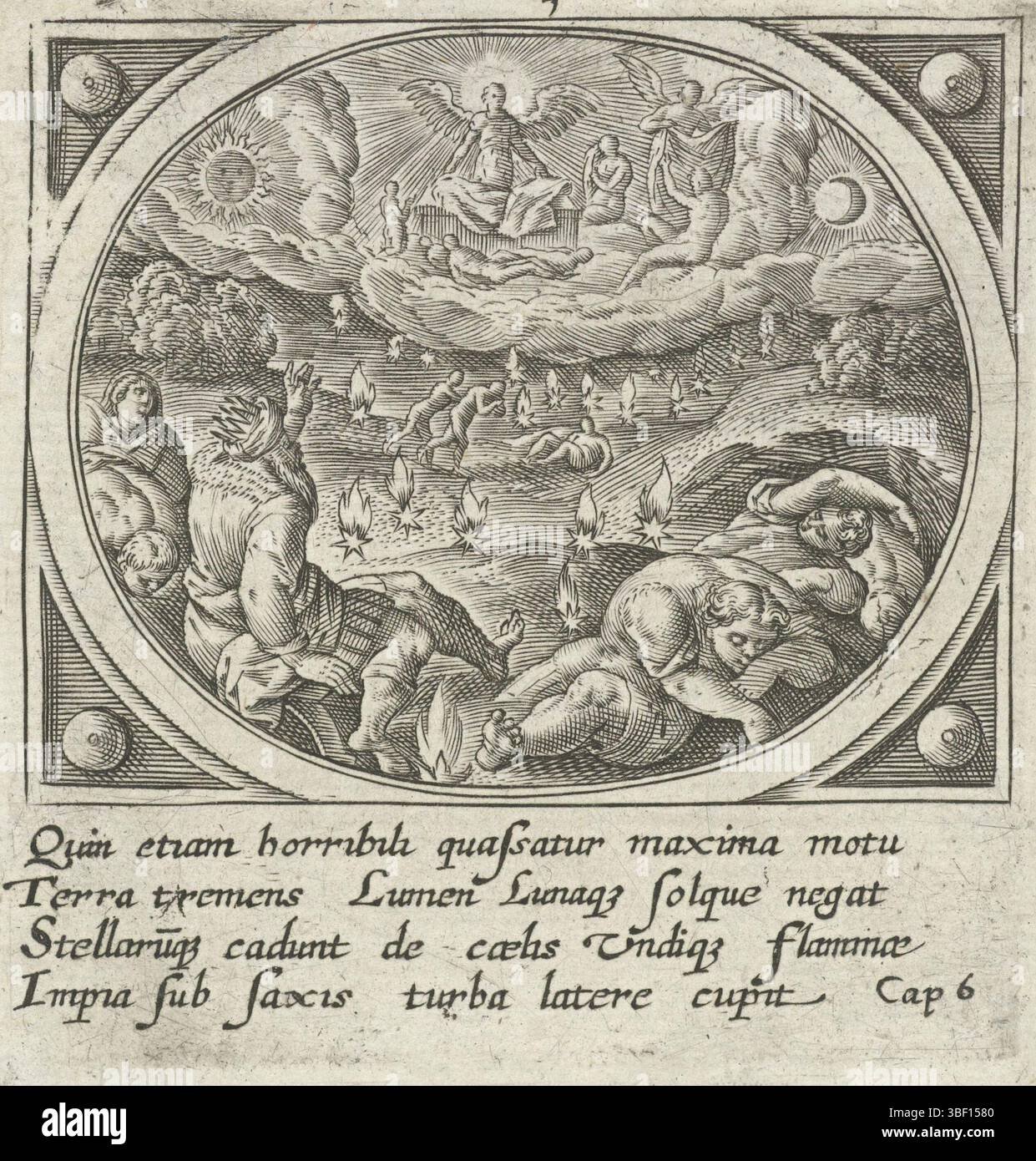 Anvers, Jode, Gerard de, Snellinck, Jan (I), Collaert, Adriaen, Icones Revelationum S Johs Evangelist in Pathmo, révélation de Jean sur Patmos, les âmes ont reçu des vêtements blancs et des étoiles brûlantes tombant sur terre, Anvers, recto - manuscrit à l'encre brune, ouvrant le cinquième sceau : à un autel se tiennent les âmes, qui reçoivent tous les vêtements blancs. Parmi eux, l'ouverture du sixième sceau : les étoiles brûlantes tombent sur terre après un tremblement de terre. Dans la marge une légende de quatre lignes en latin. Cinquième tirage d'une série de vingt-quatre avec la révélation de Johannes sur Patmos., tirage, verso - estampillé, hauteur 85 mm, largeur Banque D'Images