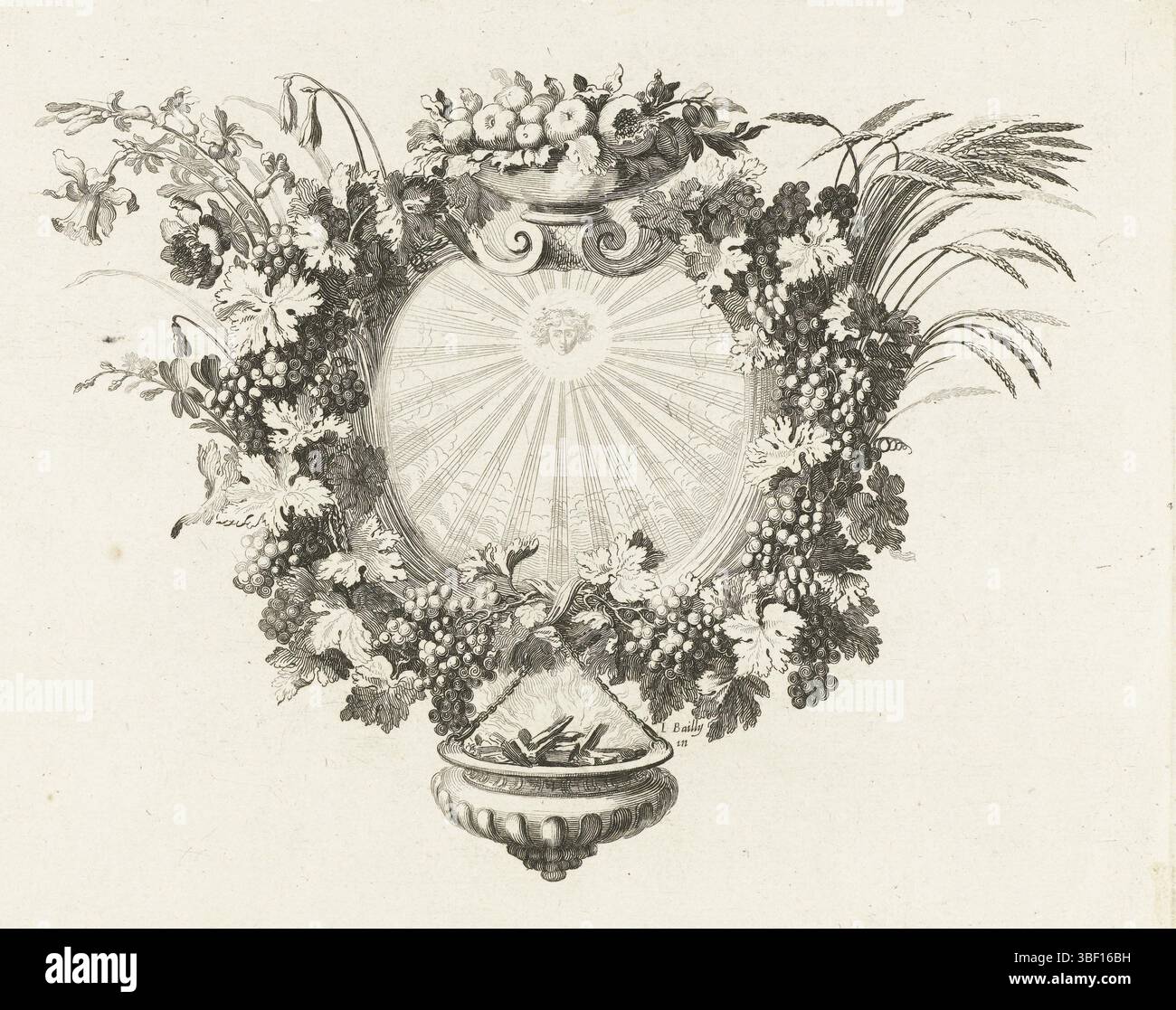 Paris, Impérie Royale, France, Mabre-Cramoisy, Sébastien, Bailly, Jacques (I), Félibien, André, Leclerc, Sébastien (I), tapisseries du Roi, ou sont représentez les quatre elemens et les quatre saisons, Cul-de-lampe with four Seasons, Paris, Une représentation du ciel avec la tête d'un Dieu soleil entouré de quatre vignes, d'où des fleurs piquent (lente) à gauche et des épis de maïs (été) à droite. Sur le dessus du cadre est un bol de fruits (Hervst) et au fond accroche un poêle avec du charbon brûlant (hiver)., impression, imprimés d'ornement, impressions, hauteur 183 mm, largeur 224 mm, français, 1637-09-26 - 1714- Banque D'Images