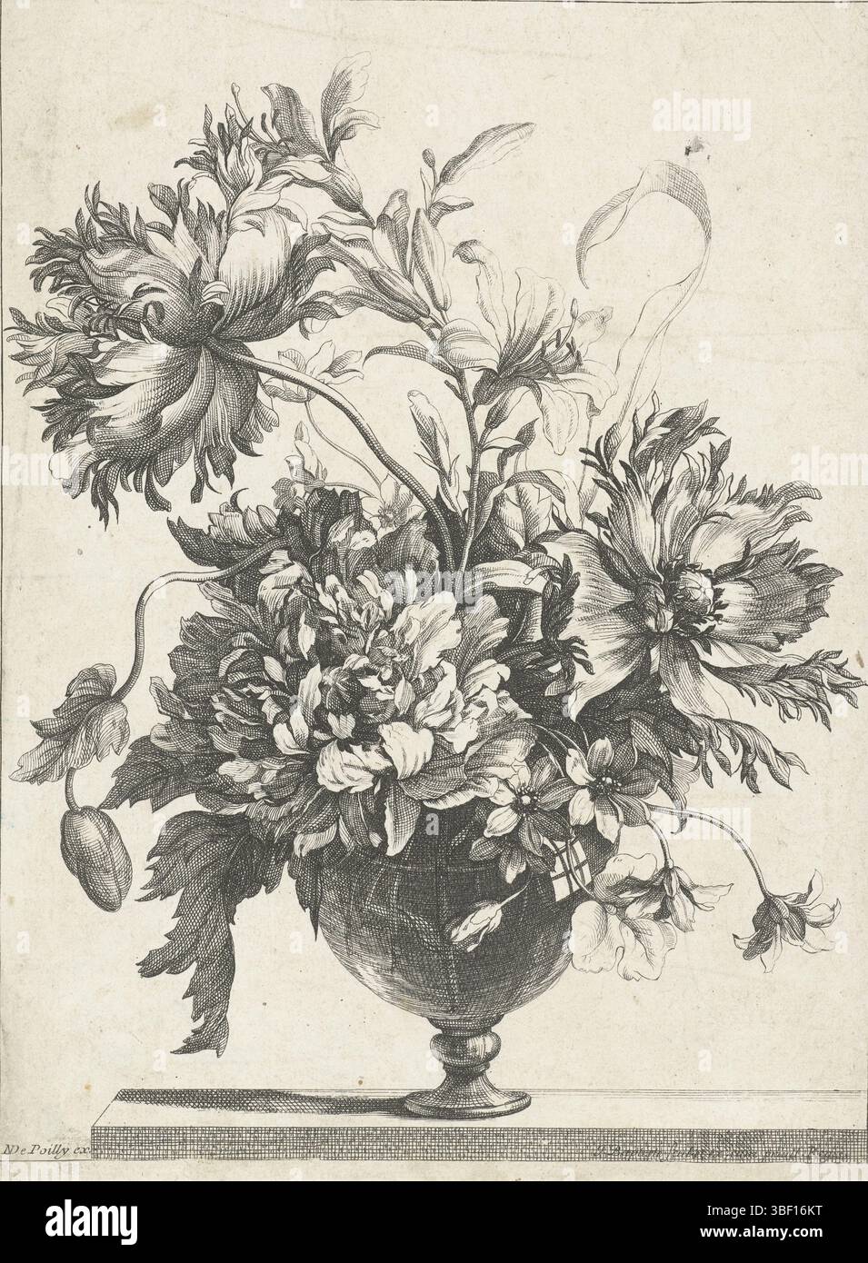 Louis XIV (roi de France), Paris, Poilly, Nicolas de (I), France, Monnoyer, Jean Baptiste, vases avec fleurs, vase en verre avec fleurs, de série de 8 feuilles, deuxième édition., impression, estampes d'ornement, estampes, hauteur 289 mm, largeur 216 mm, conception de travail, français, 1636-07-19 - 1699-02-16, après conception, 1646 - 1696, deuxième quart 17ème siècle, troisième quart 17ème siècle, quatrième quart 17ème siècle, papier, gravure, gravure (procédé d'impression), imprimeur, publication (événement), publication, 1626 - 1696, éditeur, 1638-05 - 1715-091, index des privilèges Banque D'Images