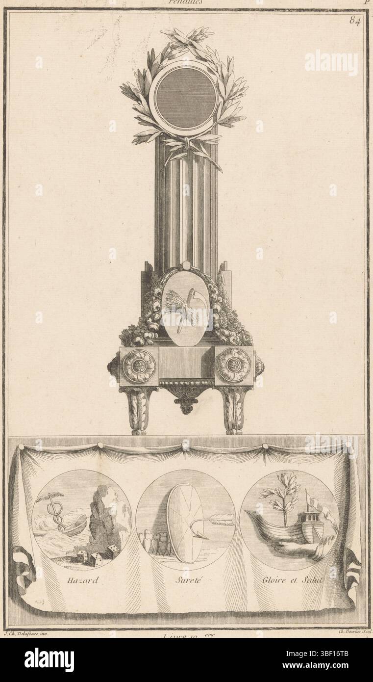 Paris, Chéreau, Jacques-François, Delafosse, Jean Charles, Beurlier, Charles, Nouvelle Iconologie historique ou attributs Hierogliphyques, P pendules, Hazard, sureté, gloire et Salut. Livre 10eme, coïncidence, sécurité, gloire et salut, Paris, verso - estampillé, un pendule ornementé avec des garlandes, des branches et des médaillons. Ci-dessous un tissu avec trois médaillons ronds avec à gauche un bateau en mer avec un caducée et trois dés, au milieu un bouclier protège les coeurs contre une flèche et à droite un bateau avec drapeau et une branche tenu par une main. Numéro d'impression 84., impression, imprimés d'ornement, impressions, hauteur 387 Banque D'Images