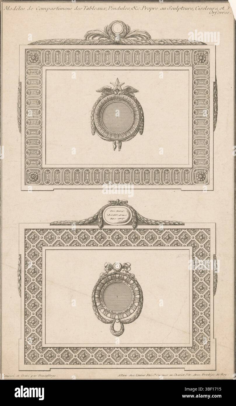 Couronne de France, Paris, Neufforge, Jean François de, Cinquième volume, recueil élémentaire d'architecture, 58e Cayer modèles de Compartimens des tableaux, pendules &c propre au sculpteurs, ciseurs, et Orfevres, cadres rectangulaires, verso - estampillé, deux cadres rectangulaires avec des motifs de fleurs et des garlandes, au milieu deux cadres ronds avec étoile, ailes, garlandes et cadre d'oeuf. Numéro d'impression 343., impression, impression d'ornement, impressions, impressions d'ornement, hauteur 361 mm, largeur 228 mm, 1714 - 1791-12-19, graveur, 1763 - 1763, papier, gravure, conception de travail, selon sa propre conception, publication (événement), P Banque D'Images