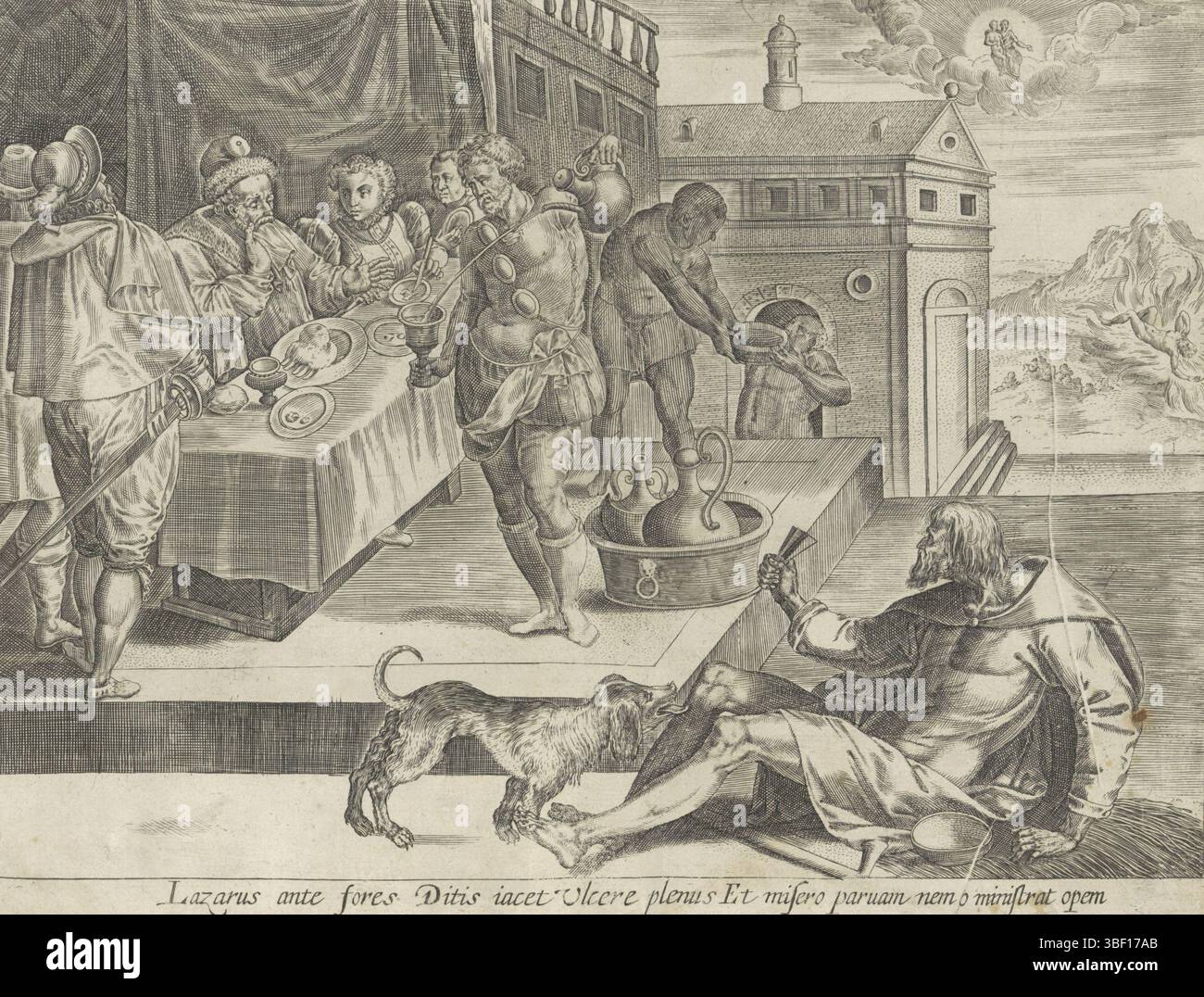 Anvers, Jode, Gerard de, Collaert, Hans (I), Francken, Ambrosius (I), Thesaurus sacrarum historium veteris testamenti, similitudes du Nouveau testament, similitude du riche et du pauvre Lazare, Anvers, recto en haut à droite sur papier - écrit à la main, Un riche est assis à table avec sa famille et ses invités. Juste devant la maison le mendiant mendiant Lazare, dont les plaies sont léchées par un chien. En arrière-plan, la suite de l'histoire est représentée. Quand l'homme riche et Lazare meurent, Lazare est assis au ciel avec Abraham sur ses genoux. L'homme riche est dans les flammes de l'enfer. Sous la représentation, une réf Banque D'Images