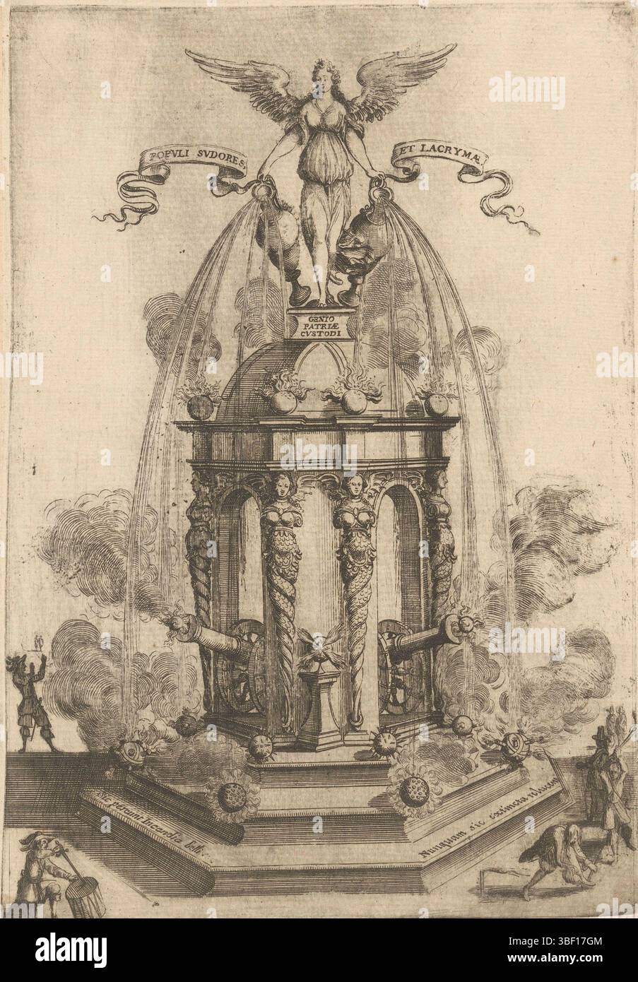 Charlot, Claude, Charlot, Anthoine, Poirel, Dominique, Deruet, Leclerc, Sébastien (I), monuments et festivités lors de l'entrée de Charles IV à Nancy, 1641, Fontaine avec ange, Une fontaine avec un ange avec des cruches d'eau qui coulent. Parmi eux est un bâtiment de dôme avec kariatiden et deux fusils de tir., impression, impression d'ornement, illustration de livre, impressions, gravures ornementales, hauteur 262 mm, largeur 183 mm, français, 1637-09-26 - 1714-10-25, graveur, 1664 - 1664, deuxième quart 17ème siècle, papier, gravure, conception d'œuvres, 1588 - 1660-10-20, après design by, publication (événement), publication, pub Banque D'Images