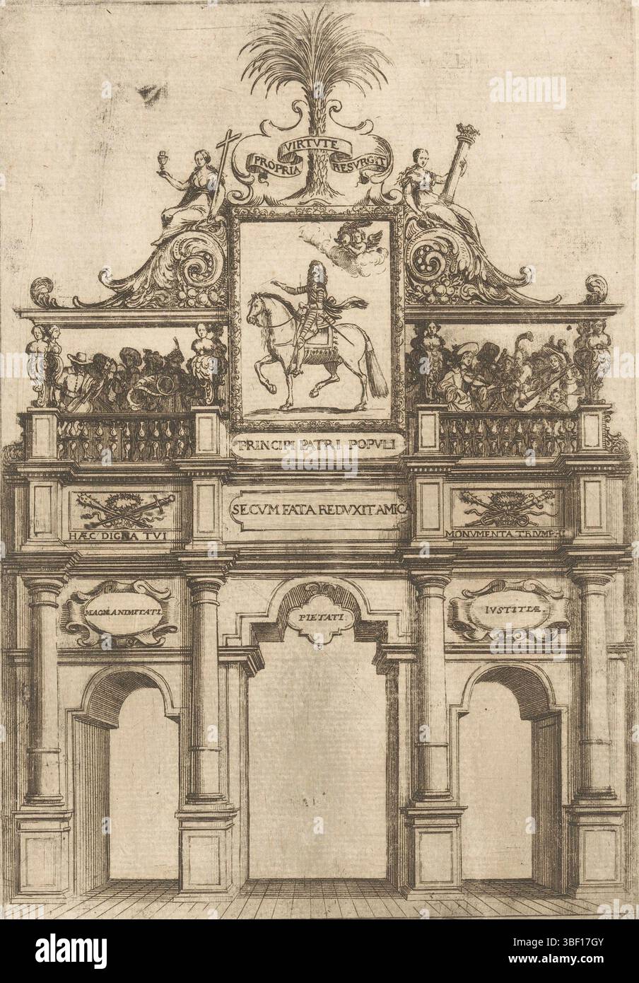 Charlot, Claude, Charlot, Anthoine, Poirel, Dominique, Deruet, Leclerc, Sébastien (I), monuments et festivités à l'entrée de Charles IV à Nancy, 1641, Arc de Triomphe avec Charles IV, Arc de Triomphe avec trois passages récompensés d'une image de Charles IV à cheval et d'un palmier flanqué de personnifications de foi et de force. Entre les passages se trouvent des colonnes ioniques. Au-dessus des passages des trophées d'armes et des personnes musicales sur un balcon., impression, impression d'ornement, illustration de livre, impressions, gravures ornementales, hauteur 259 mm, largeur 179 mm, français, 1637-09-26 - 1714-10-25, imprimeur, 1664 - Banque D'Images
