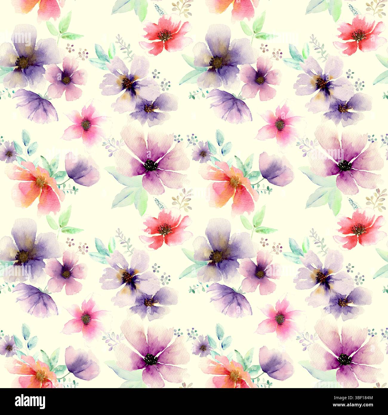 Aquarelle abstrait motif floral audacieux sans couture. Aquarelle dessinée à la main fleur rouge rose violet coloré sur fond blanc laiteux. Imprimé multicolore f Banque D'Images