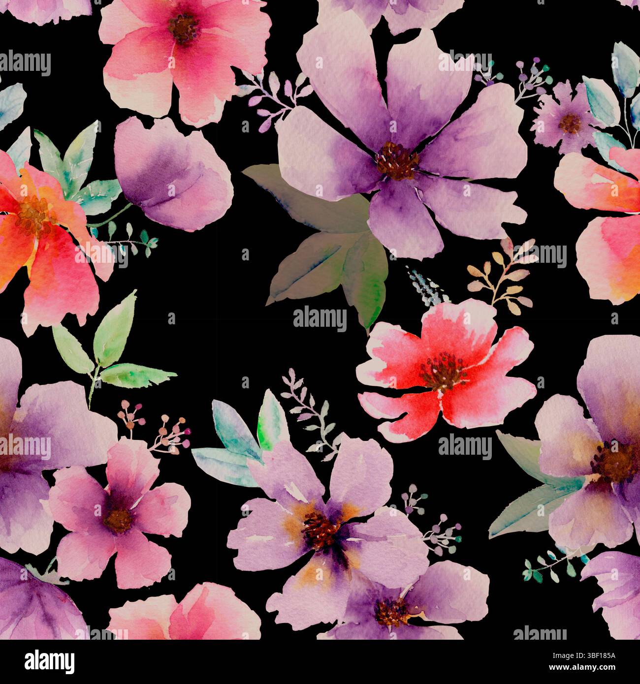 Aquarelle abstrait motif floral audacieux sans couture. Aquarelle dessinée à la main colorée fleur rouge violet rose sur illustration de fond noir. Imprimer pour w Banque D'Images