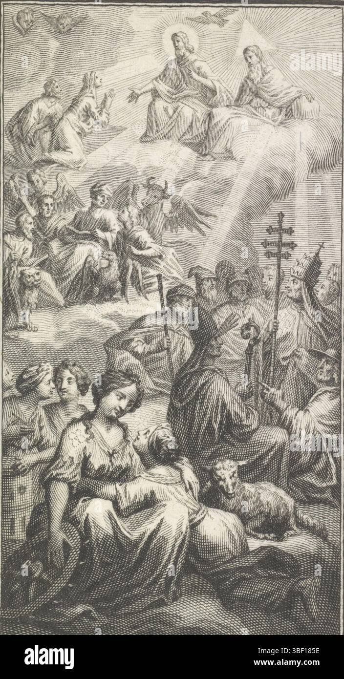 Pays-Bas, Sainte Trinité trône sur les nuages, pays-Bas, verso - estampillé, Christ, Dieu le Père et la colombe du Saint-esprit trônent sur les nuages dans le ciel. Sur la gauche, agenouillez un homme et une femme devant eux. Au premier plan plusieurs saintes féminines, entre autres Catharina avec la roue et Agnès avec l'agneau. Derrière eux se trouvent les pères de l'église, et derrière eux se trouvent les évangélistes avec leurs animaux., impression, hauteur 137 mm, largeur 78 mm, graveur, 1650 - 1750, papier, gravure, gravure (procédé d'impression) Banque D'Images Pays-Bas, Sainte Trinité trône sur les nuages, pays-Bas, verso - estampillé, Christ, Dieu le Père et la colombe du Saint-esprit trônent sur les nuages dans le ciel. Sur la gauche, agenouillez un homme et une femme devant eux. Au premier plan plusieurs saintes féminines, entre autres Catharina avec la roue et Agnès avec l'agneau. Derrière eux se trouvent les pères de l'église, et derrière eux se trouvent les évangélistes avec leurs animaux., impression, hauteur 137 mm, largeur 78 mm, graveur, 1650 - 1750, papier, gravure, gravure (procédé d'impression) Banque D'Images