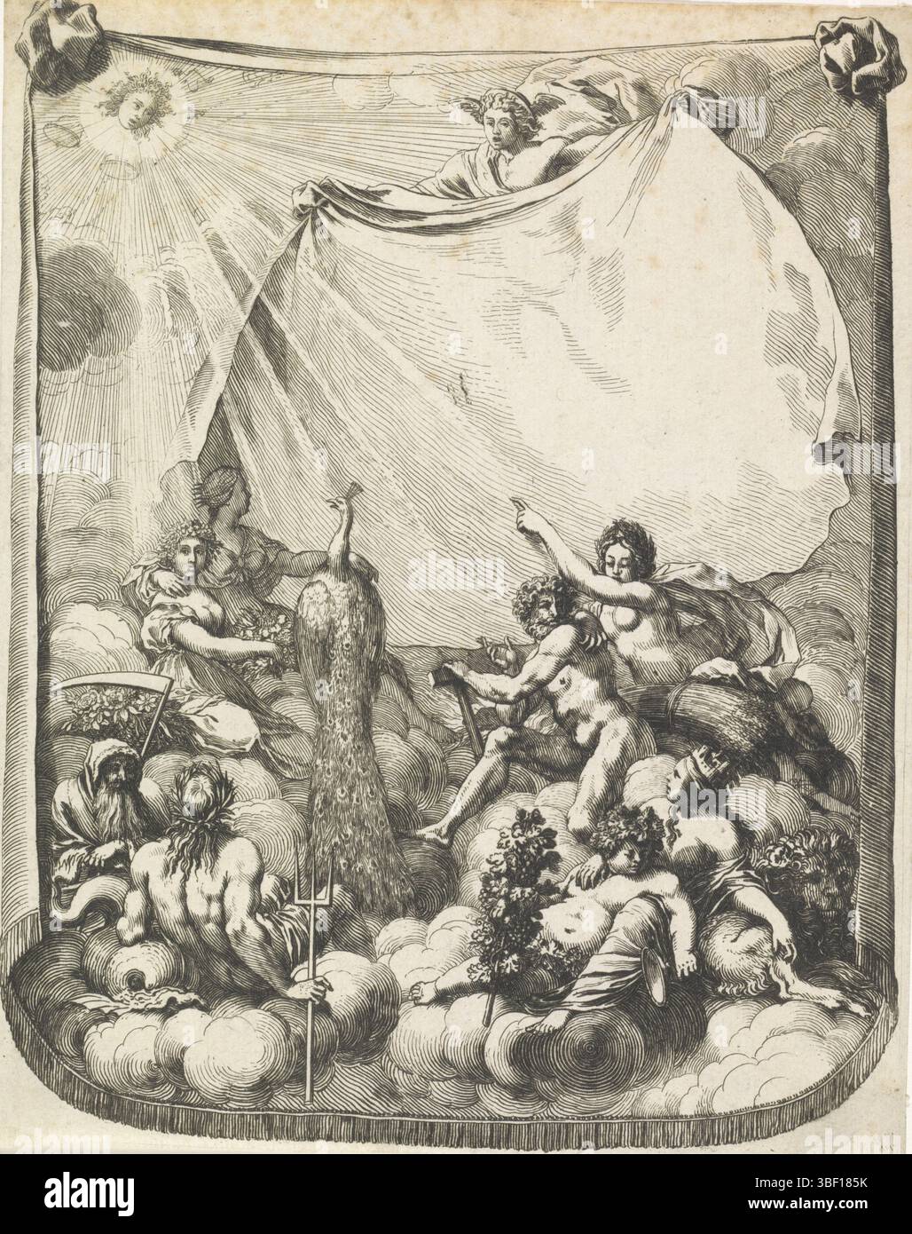 Dieux rassemblés sur l'Olympe, divers dieux s'assoient ensemble sur les nuages de l'Olympe et regardent le tapis tenu par Mercure. Juno est assise avec son paon et met sa main autour du cou de Flora. Cérès, avec un paquet d'épis de maïs, pointe le Dieu mars vers le tapis que Mercurius arrête. Juste au premier plan, Cybèle, avec la couronne sur la tête, assis à côté de Bacchus. Sur la gauche au premier plan la mort avec faux assis à côté de Neptune. Dans le ciel le soleil avec le visage d'Apollo., impression, hauteur 203 mm, largeur 162 mm, graveur, 1650 - 1750, papier, gravure, gravure Banque D'Images