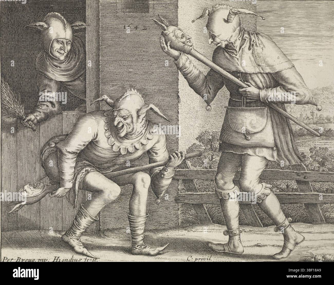 Inconnu, la Haye, Hondius, Hendrick (I), Bruegel, Pieter (I), Zotten, Three Fools, inconnu, verso - estampillé, trois idiots avec des oreilles d'âne sur la tête. Le fou à gauche est derrière une demi-porte avec une tringle à la main. Le fou au milieu tient son marot sous lui et pète dessus. Droit un fou avec un marot dans sa main., impression, 1642, sur le mur de l'immeuble, animal de compagnie. Brug. inv. H.hondius fecit, en bas à gauche dans la représentation, C :privil., au milieu de la représentation, hauteur 125 mm, largeur 158 mm, North-Nederlands, 1573-06-09 - 1650-10-25, graveur, 1642 - 1642, deuxième quart 17ème siècle, papier Banque D'Images