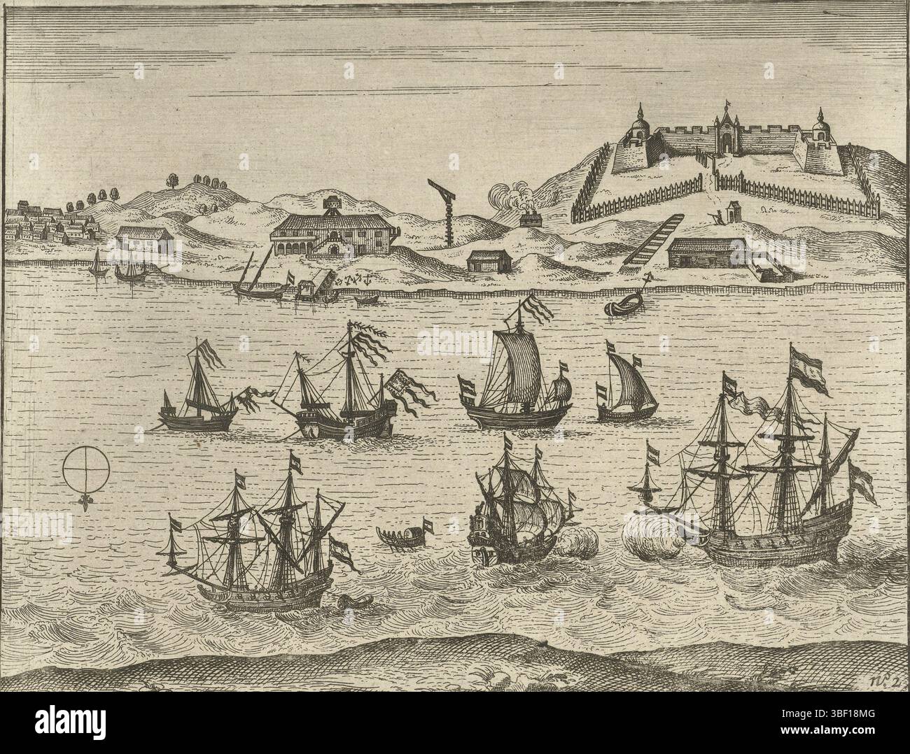 Pays-Bas du Nord, vue au Fort Zeelandia sur Taiwan, 1632, pays-Bas du Nord, vue de Zeelandia, mai 1632. Face de l'eau où les navires naviguent de l'autre côté avec forteresse, potence, bâtiment officiel et diverses maisons. Partie des illustrations dans le rapport du voyage aux Indes orientales de Seyger van Judgen, 1628-1632, no 2., estampe, plaques d'histoire Frederik Muller, hauteur 160 mm, largeur 208 mm, graveur, 1644 - 1646, deuxième quart du xviie siècle, papier, gravure, gravure, gravure (procédé d'impression), concept de travail Banque D'Images