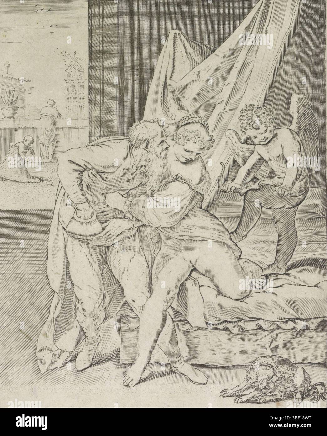 Italie, Carracci, Agostino, Lascivie, Ogni cosa vince l'oro, vieil homme et une courtisane, Italie, verso - estampillé, Une jeune femme est assise à mi-chemin sur un lit à quatre lits et repousse un vieil homme. Celui-ci est dans sa grosse poche d'argent. Amor se tient sur le lit et brise son arc en deux. Il y a un chien devant le lit. Dans la marge inférieure un rébus qui lit 'ogni cosa vince l'oro' (tout gagne de l'or ?)., impression, hauteur 213 mm, largeur 162 mm, italien, 1557 - 1602-03-22, graveur, 1590 - 1595, papier, gravure, gravure (processus d'impression) Banque D'Images