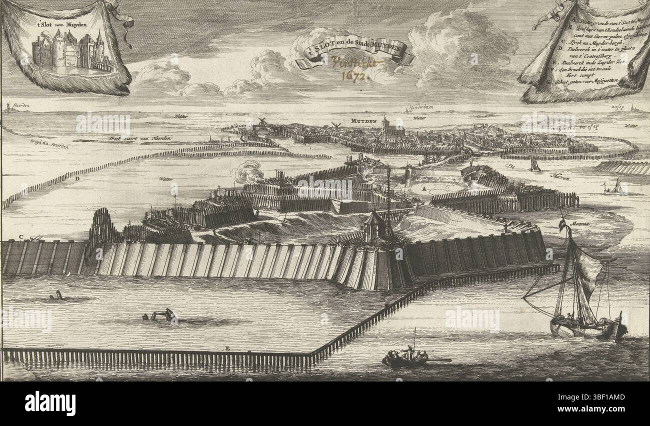 Nord des pays-Bas, Decker, Cornelis Gerritsz, T'Slot et la ville de Muyden, construction de pilotis et d'écluse fortifiée à Muiden, 1673, Nord des pays-Bas, au milieu - écrit à la main, construction d'une pilotis et d'une écluse fortifiée à Muiden pour inondation contre les Français, 13 mai 1673. En haut à gauche une toile avec le Muiderslot, en haut à droite la légende A-G., estampes, histoire, estampes, plaques d'histoire Frederik Muller, renforce 1672, hauteur 180 mm, largeur 298 mm, 1620 - 1678-03-23, graveur, 1673 - 1673, troisième quart du xviie siècle, papier, gravure, gravure Banque D'Images