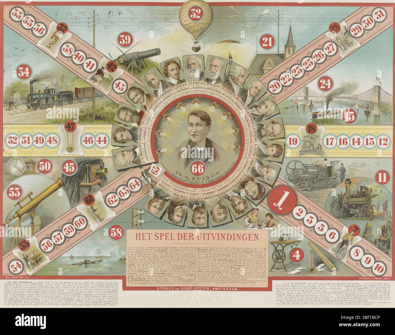 Amsterdam, Steendrukkerij v/h Amand, Amsterdam, Koster, Cornelis Johannes, Gebroeders, Het spel der innovatie, gedrukken, Bordspel met centrale de portrait van Thomas Edison. Autour du portrait un anneau avec 20 portraits plus petits d'inventeurs, dont Galileo Galilei, Samuel Morse, James Watt et Laurens Koster. Autour des portraits représentant leurs inventions et 66 boîtes numérotées. Milieu sous les règles en néerlandais dans deux colonnes. Gauche et droite sous les règles en français dans deux colonnes., print, folk print, gameboard, playboard, impressions, impressions folkloriques, verso - estampillé, hauteur 584 mm, largeur 798 mm, P Banque D'Images