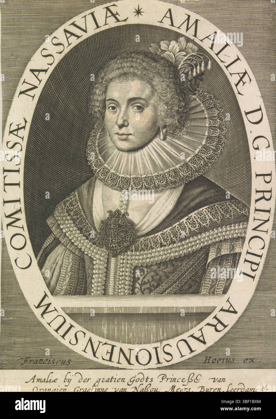 Amsterdam, Hoeye, François van den, Nederlanden, Portrait d'Amalia van Solms, Amsterdam, Portrait d'Amalia dans un ovale avec écriture de bordure. Dans la marge inférieure, deux lignes de texte néerlandais., impression, Oranjeportretten, hauteur 185 mm, largeur 139 mm, graveur, 1620 - 1636, papier, gravure, gravure (procédé d'impression), gravure, publication (événement), publication, 1591 - 1636-07-26, éditeur Banque D'Images