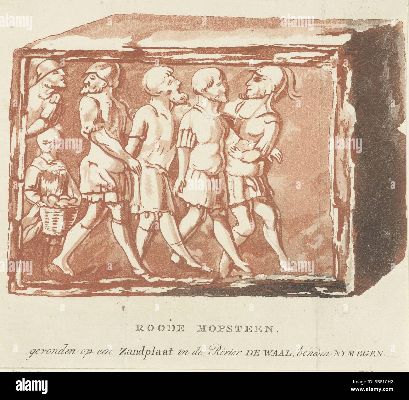 Wijn, Hendrik van, Nederland, Roode mopsteen. Trouvé sur une plaque de sable dans la rivière de Waal, au-dessous de Nymegen, tuile rouge avec image de la capture de Bataven par les Romains, trouvé dans le Waal sous Nimègue, pays-Bas, tuile rouge avec image de la capture de deux Bataven par deux soldats romains, trouvé dans le Waal sous Nimmegen., impression, performance d'objet historique, estampes, Frederik Muller plaques d'histoire, hauteur 156 mm, largeur 182 mm, graveur, 1800 - 1805, premier quart du xixe siècle, papier, aquatinte, gravure, etsen, Work concept, Néerlandais, 1740-05-21 - 1831-09 Banque D'Images