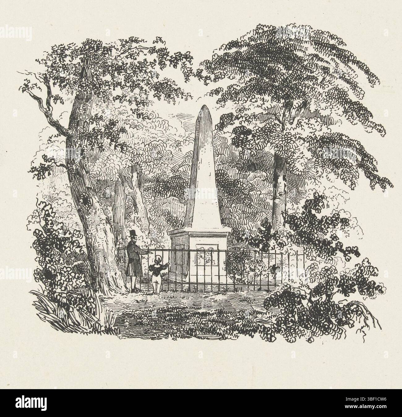 Pays-Bas, Mémorial pour commémorer les combats au Manpad en 1304, pays-Bas, Mémorial fondé en 1817 à la mémoire des combats au Manpad à Heemstede : la victoire et l'expulsion des Flamands le 26 avril 1304 et un épisode du siège de Haarlem le 8 juillet 1573. Monument entourant une clôture, un homme et un garçon à côté., estampe, Frederik Muller Historyplates, hauteur 195 mm, largeur 250 mm, graveur, 1835 - 1838, deuxième quart 19ème siècle, papier, gravure sur bois Banque D'Images