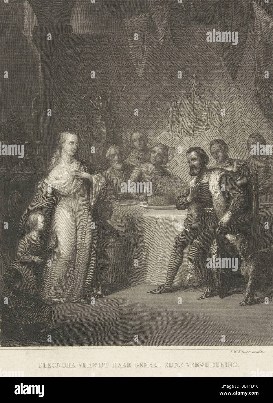 Les pays-Bas, Kaiser, Johann Wilhelm (I), Éléonore blâme son retrait complet, Éléonore blâme le comte Reinoud II de Gelre pour son retrait, 1342, pays-Bas, Éléonore d'Angleterre blâme son mari le comte Reinoud II de Gelre pour son retrait en l'an 1342. Elle prouve à son mari qu'elle n'est pas lépreuse et qu'il l'a donc rejetée à tort. Elle prédit la disparition de sa maison, les deux fils debout à côté d'elle, mourront dans la lutte pour le nom de leur père., estampes, historien, estampes, Frederik Muller plaques d'histoire, hauteur 237 mm, largeur 178 mm, néerlandais, 1813-01-05 - 1900-11-29, imprimer Banque D'Images